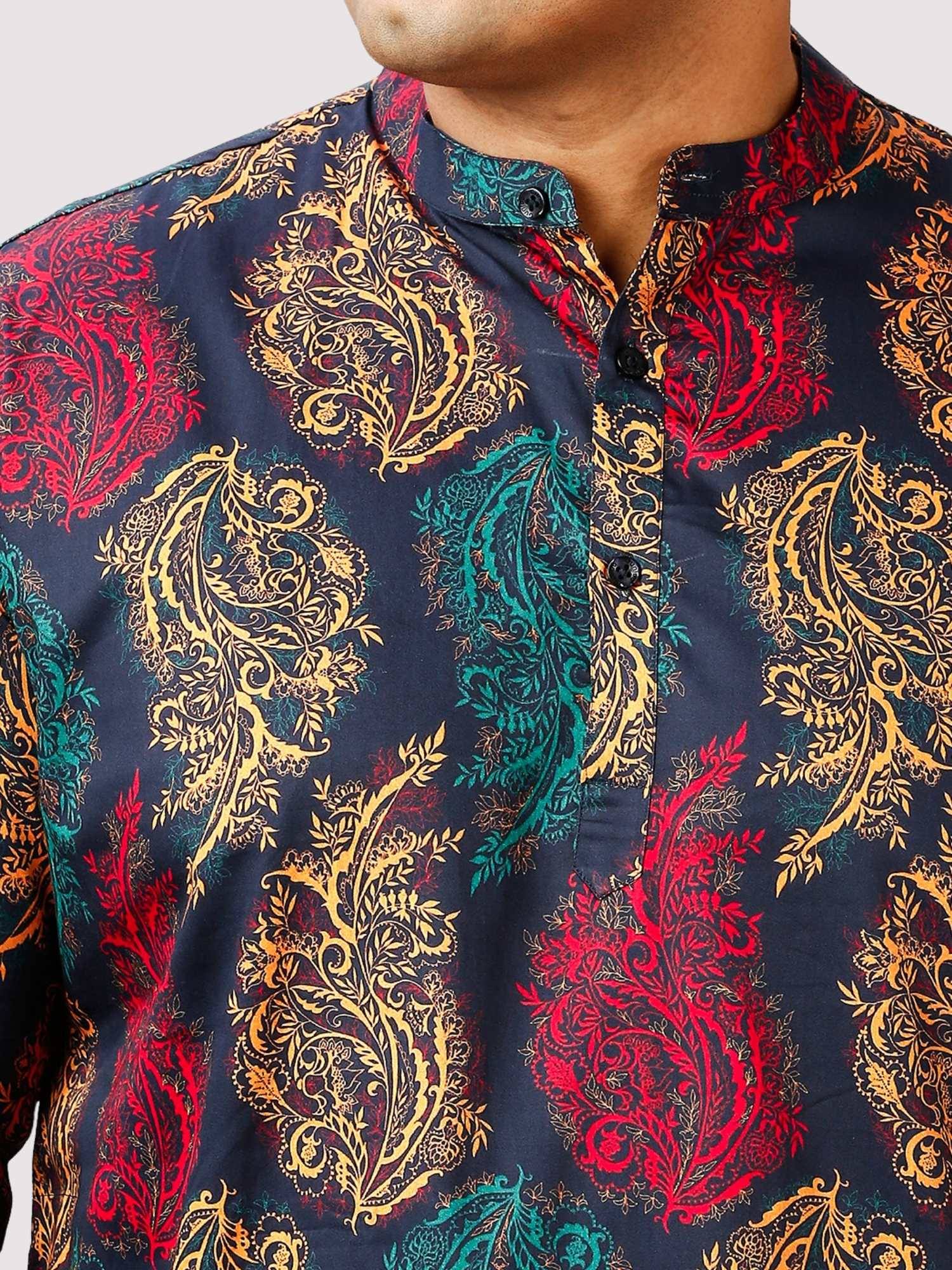 Nawab Printed Blue Red Kurta Men's Plus Size