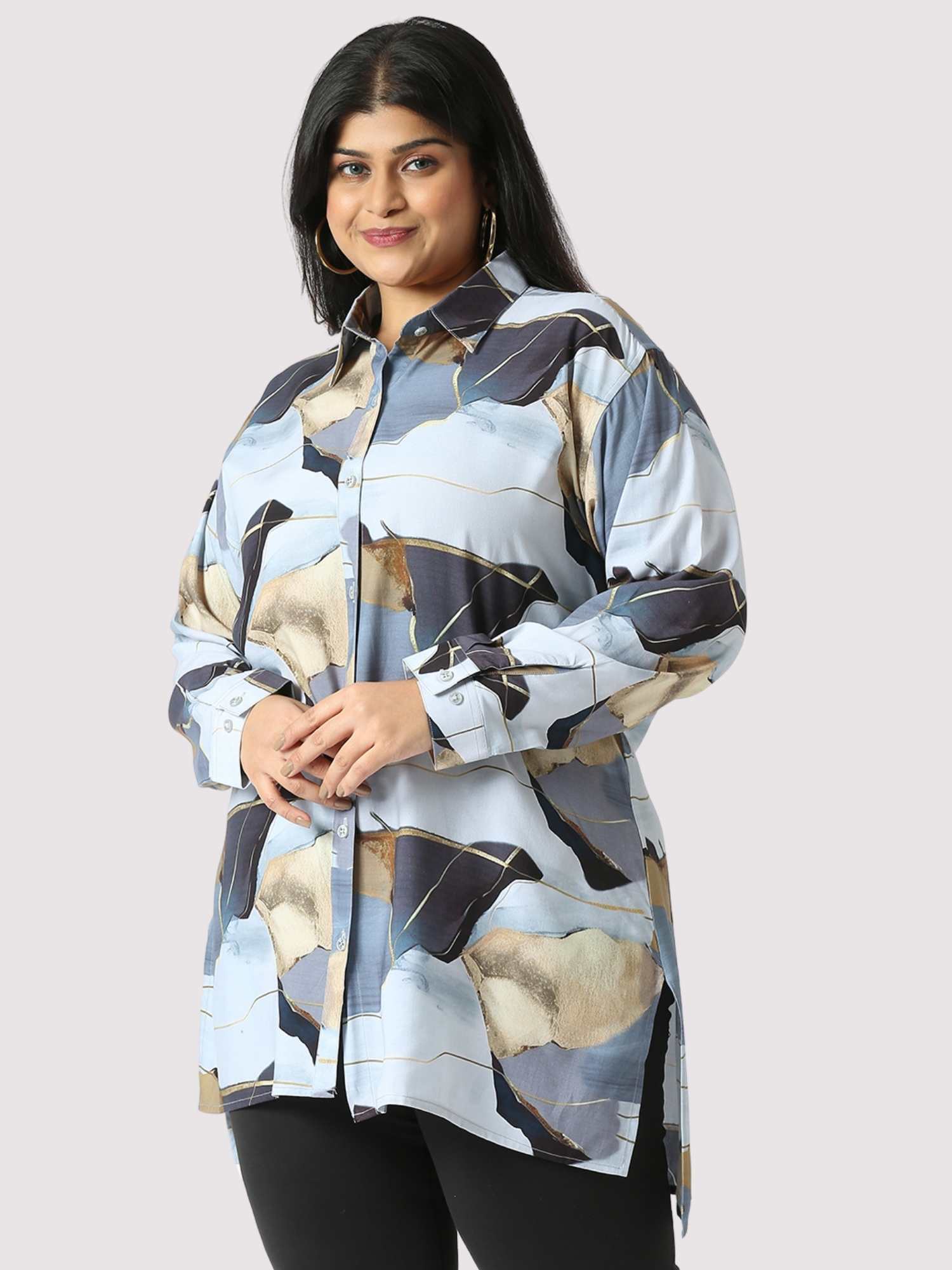 Metallic Sand Digital Printed Women's Plus Size Long Shirt