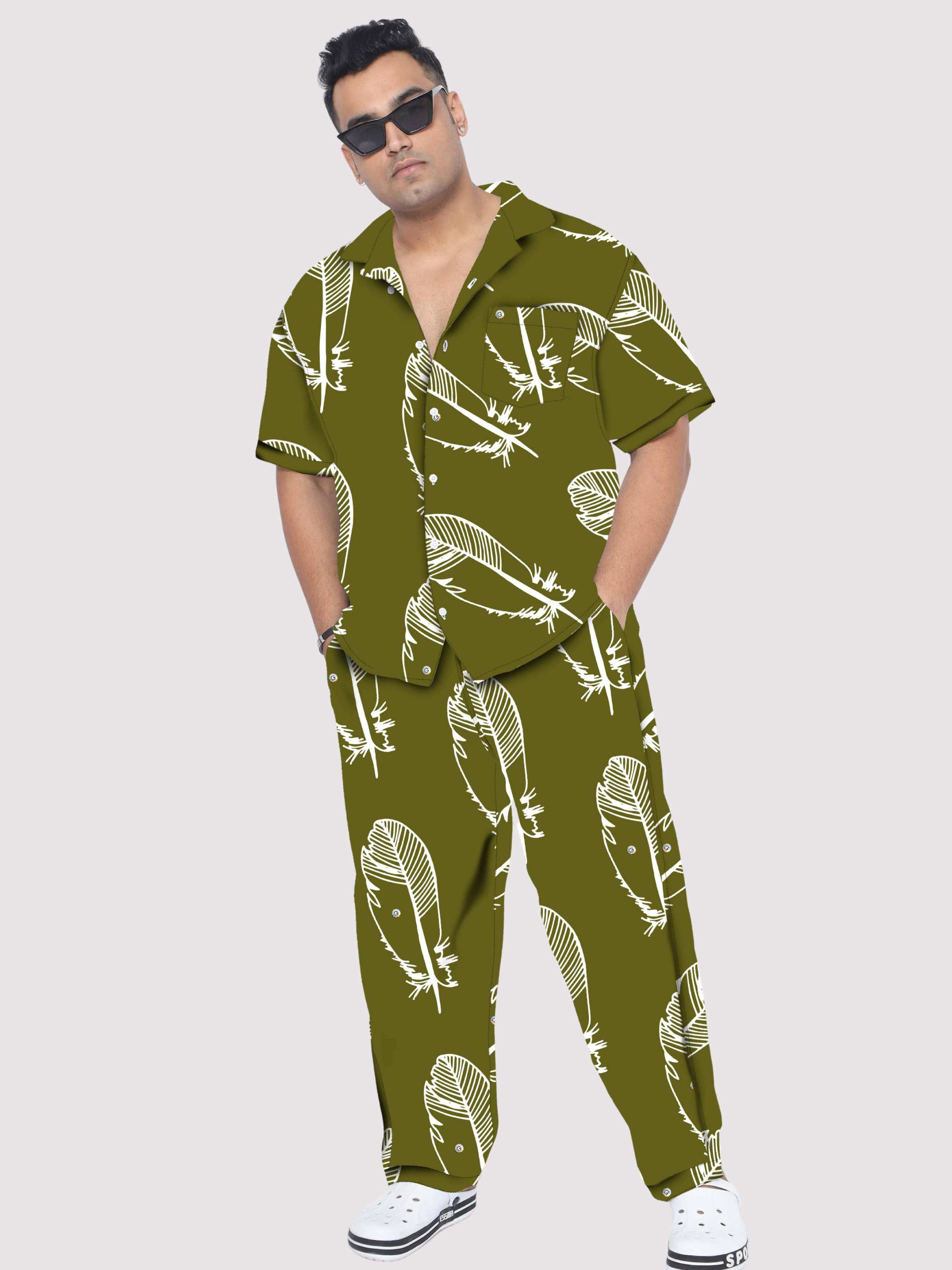 Abstract Olive Feather  Plus Size Men's Co-ord Set