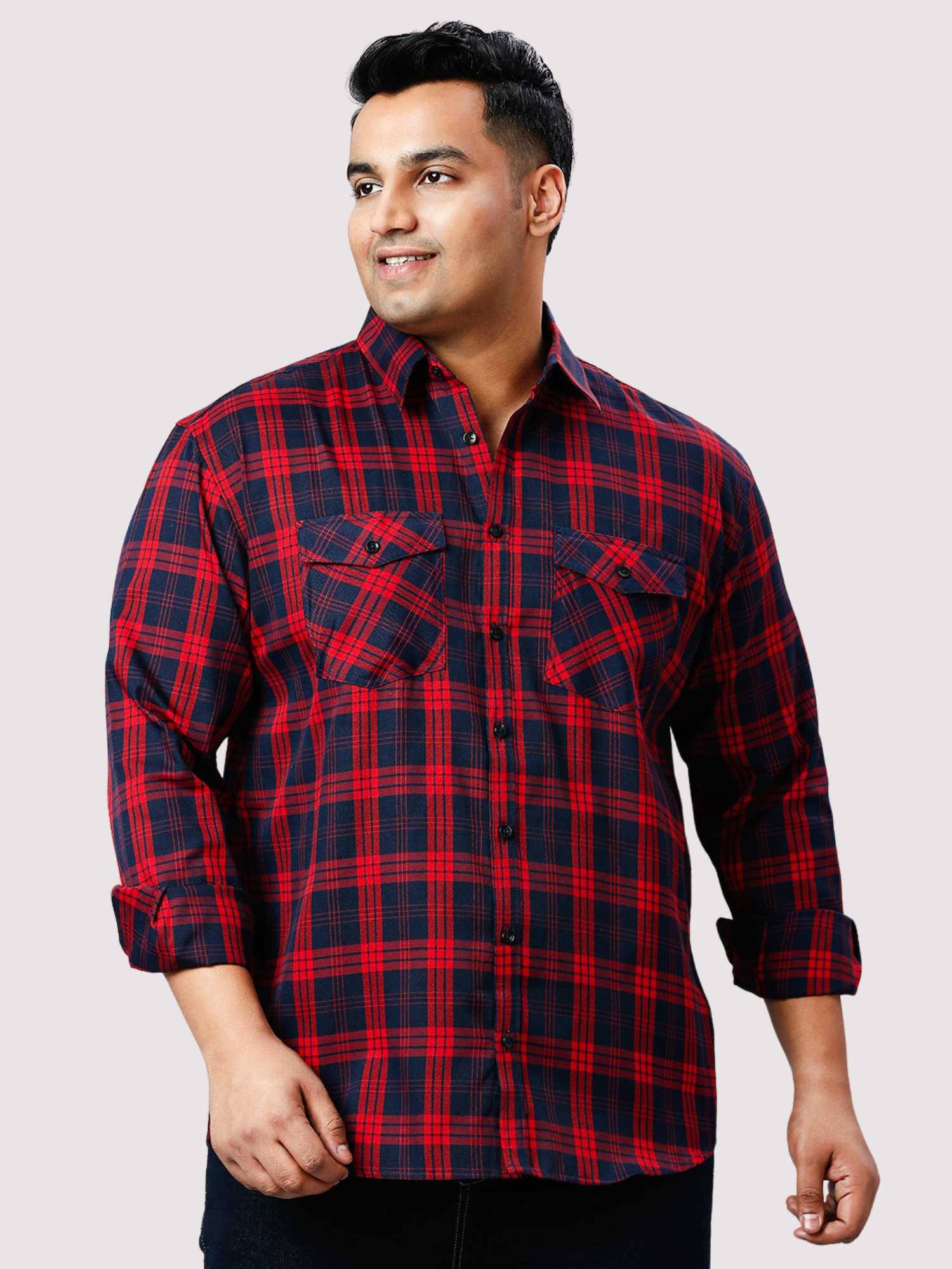 Navy Blue and Red Checkered Double Pocket Full Shirt 