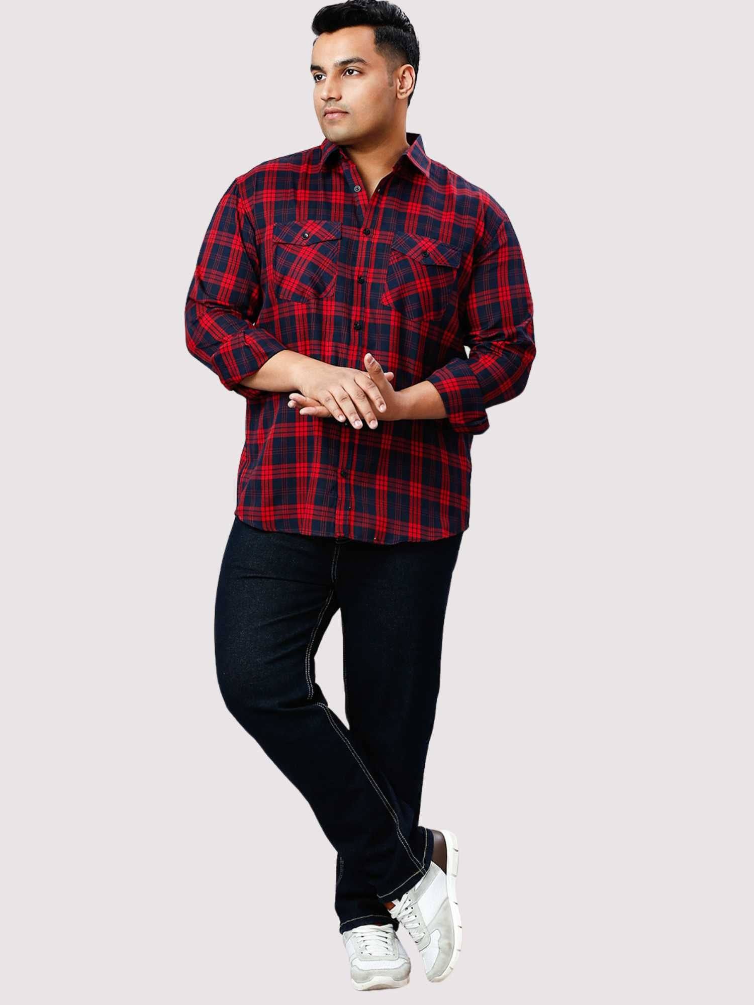 Navy Blue and Red Checkered Double Pocket Full Shirt Men's Plus Size