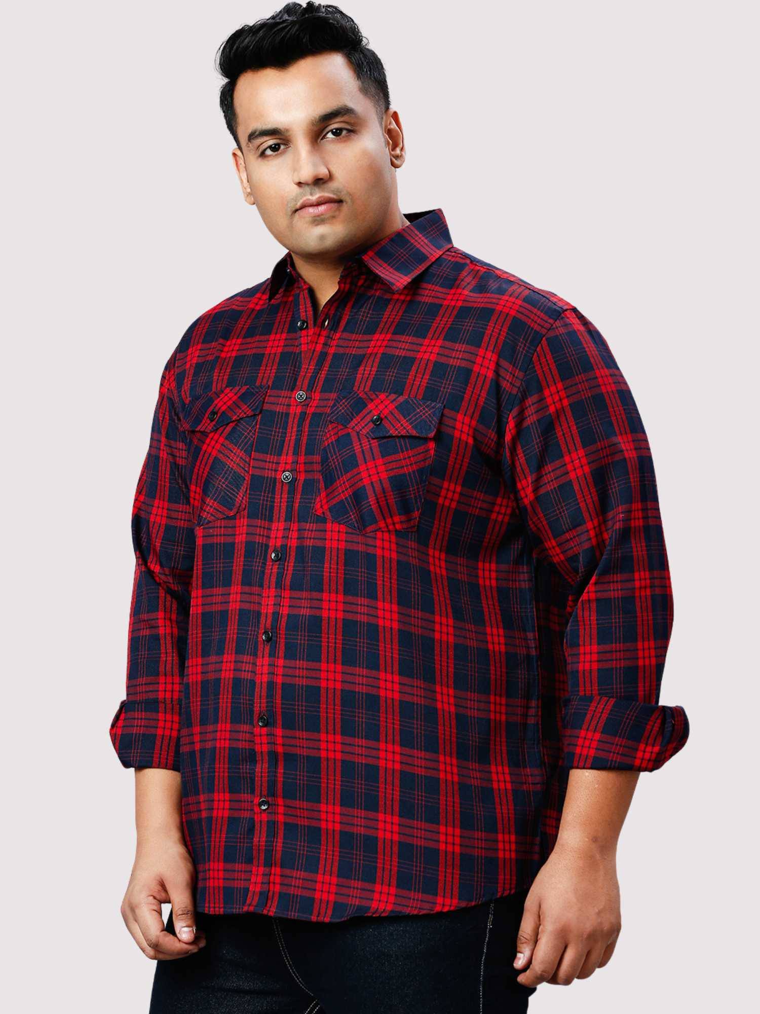 Navy Blue and Red Checkered Double Pocket Full Shirt 