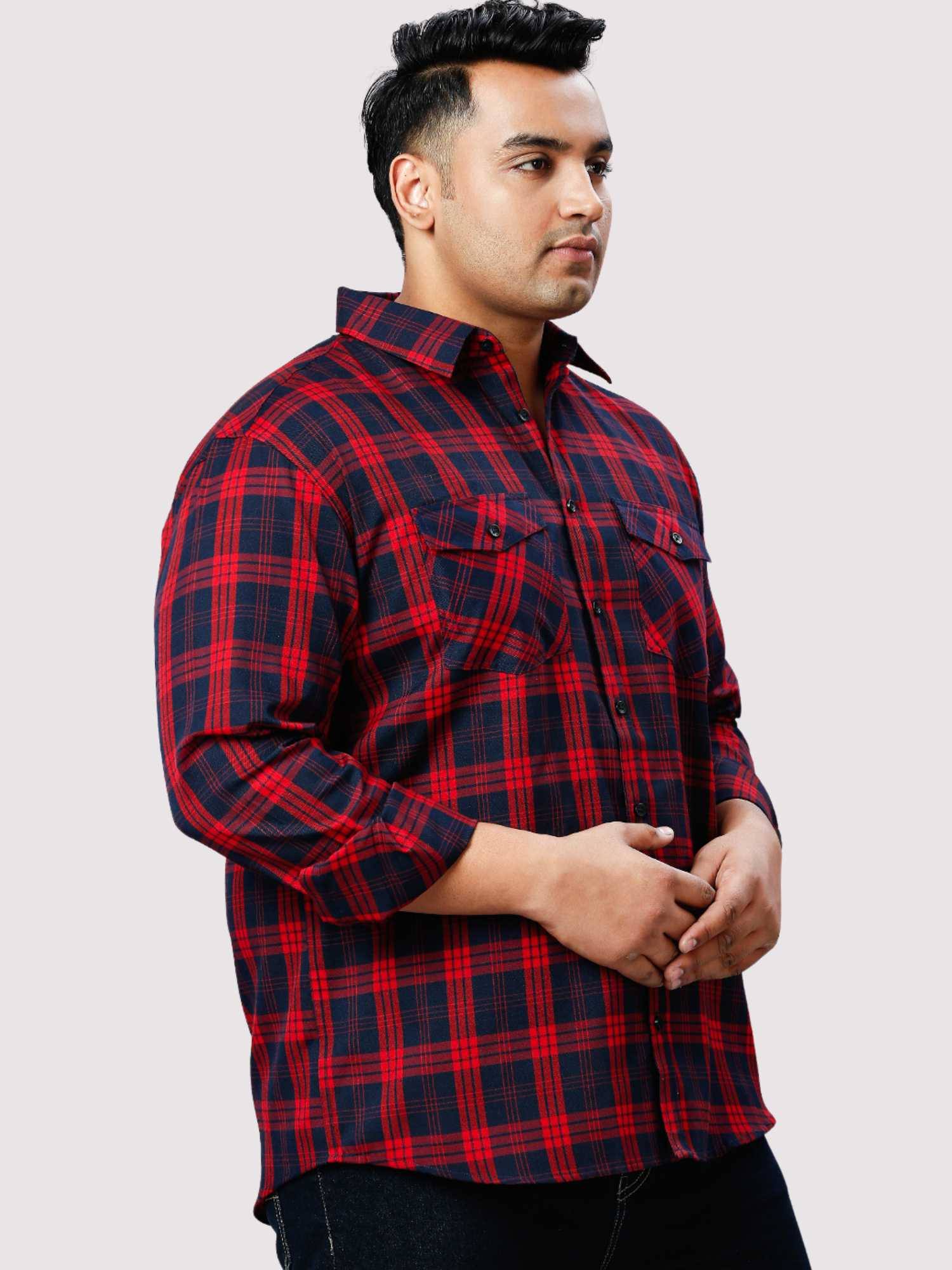 Navy Blue and Red Checkered Double Pocket Full Shirt 