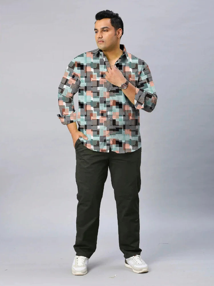 Texture Beige Checks Men's Plus Size Full Sleeve Shirt