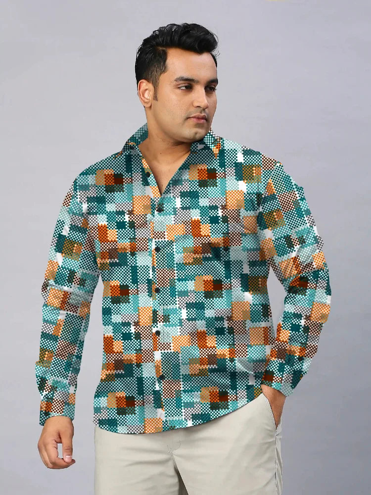 Texture Yellow Checks Men's Plus Size Full Sleeve Shirt