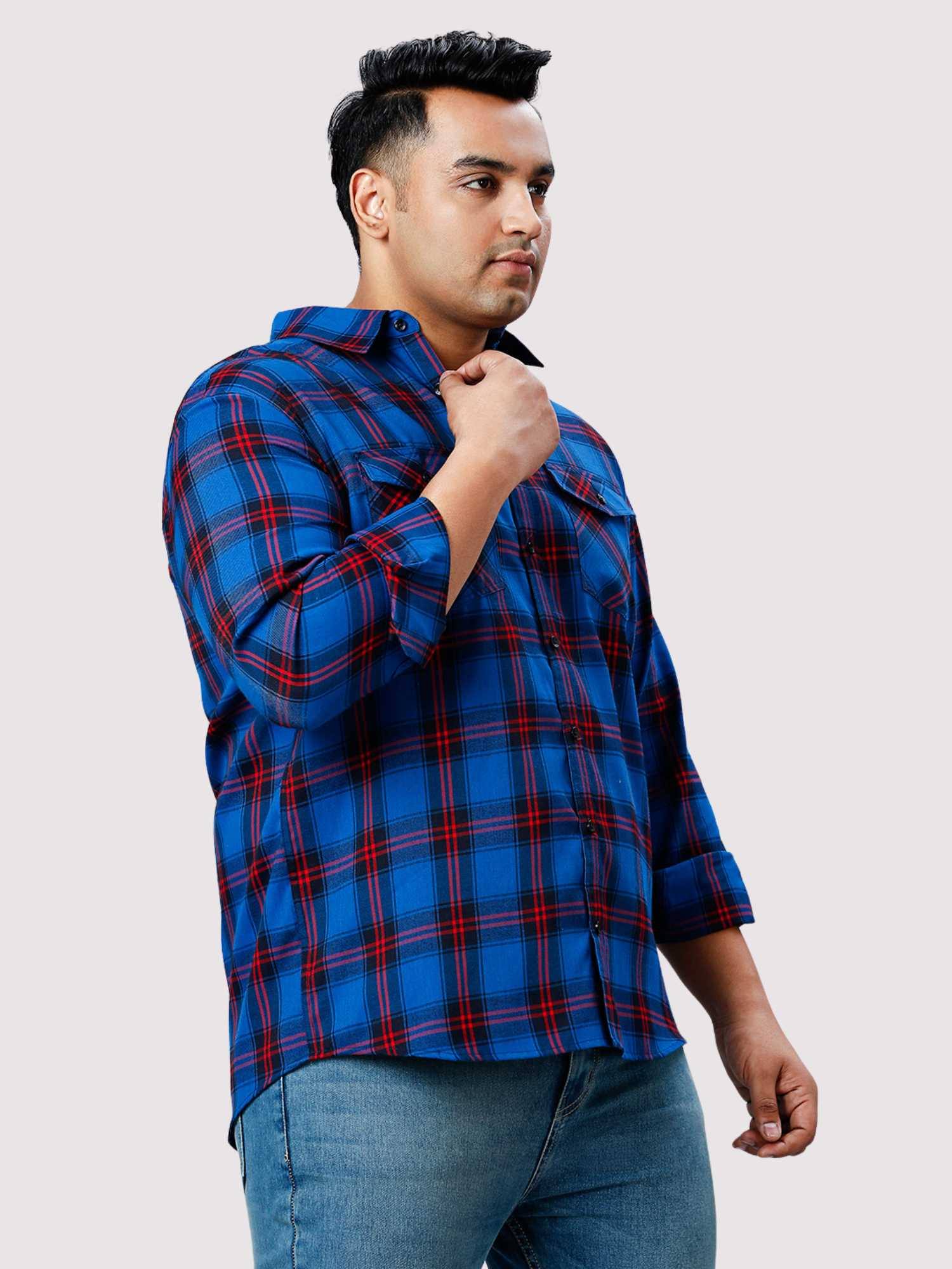 Red and Blue Checkered Double Pocket Full Shirt Men's Plus Size 