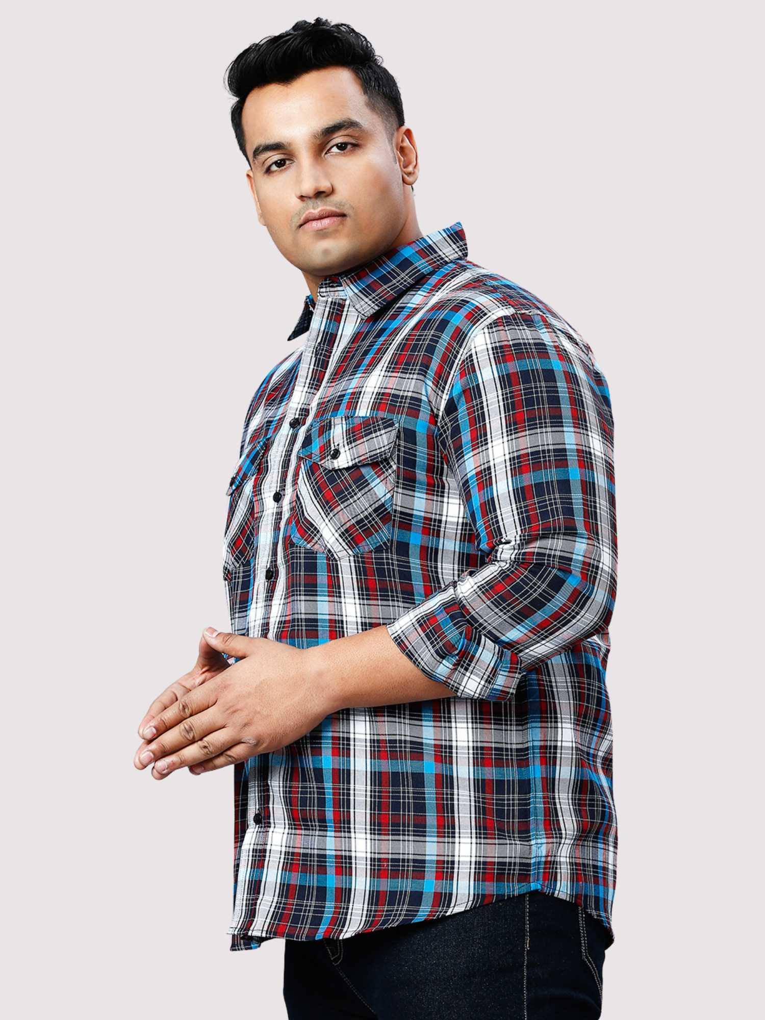  Blue and Red Checkered Double Pocket Full Shirt Men's Plus Size 