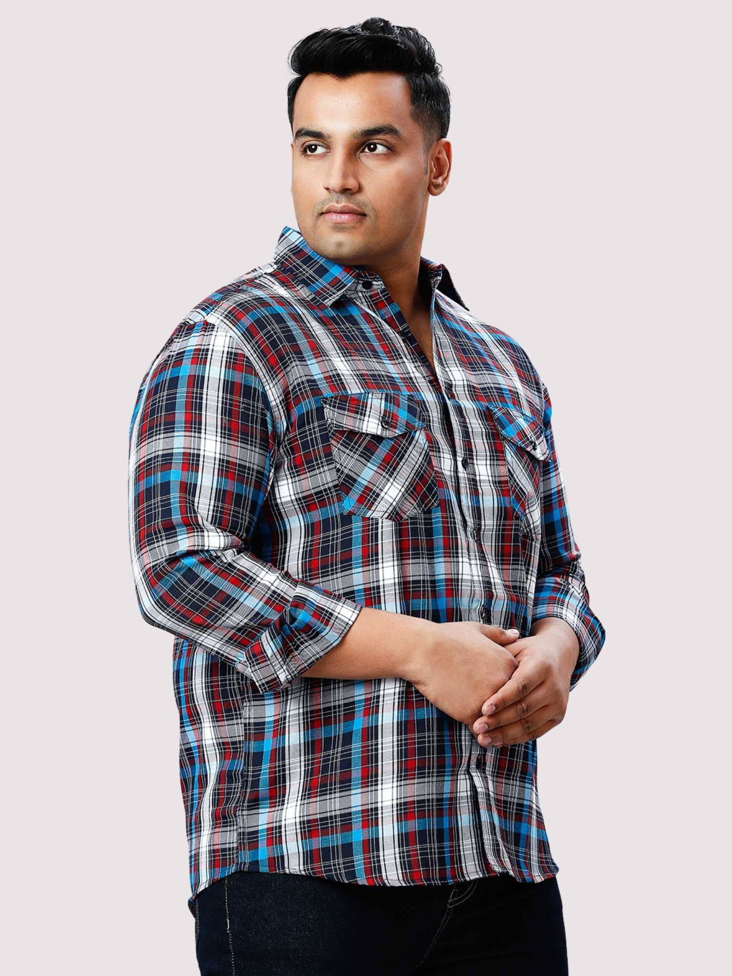  Blue and Red Checkered Double Pocket Full Shirt Men's Plus Size 