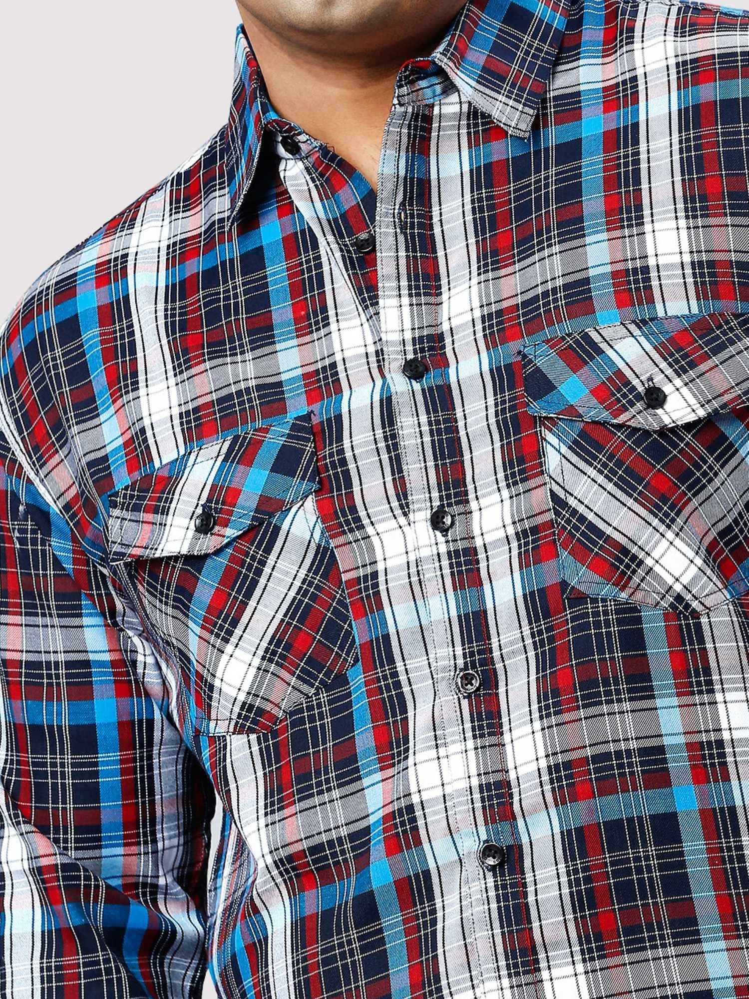  Blue and Red Checkered Double Pocket Full Shirt Men's Plus Size 