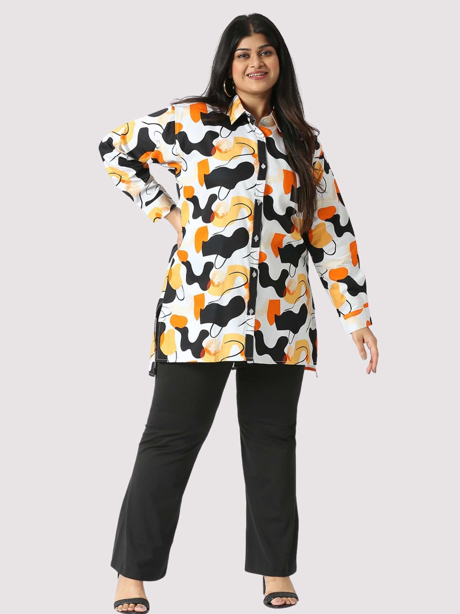 Golden Sand Digital Printed Women's Plus Size Long Shirt