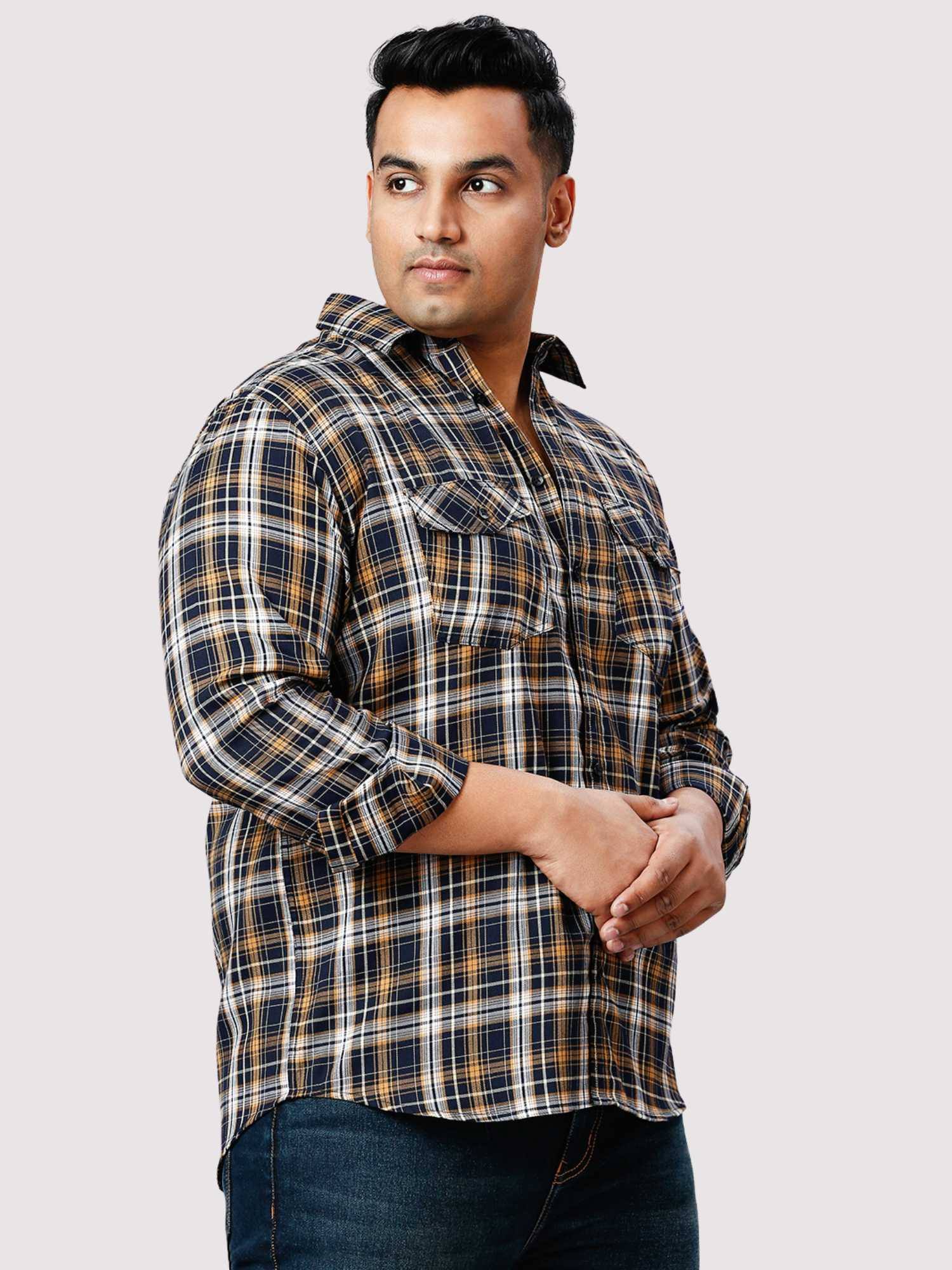 Brown and Grey Checkered Double Pocket Full Shirt Men's Plus Size