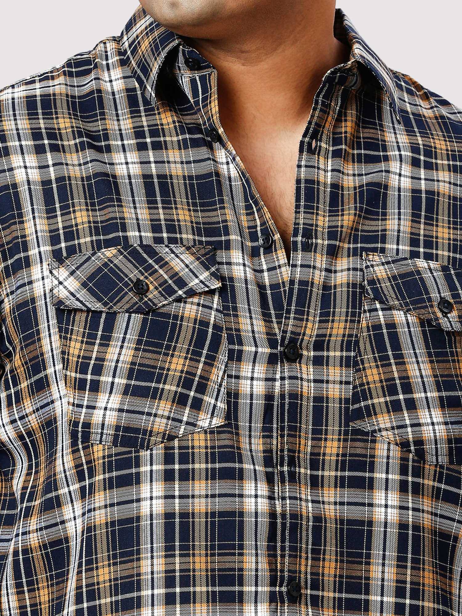 Brown and Grey Checkered Double Pocket Full Shirt Men's Plus Size