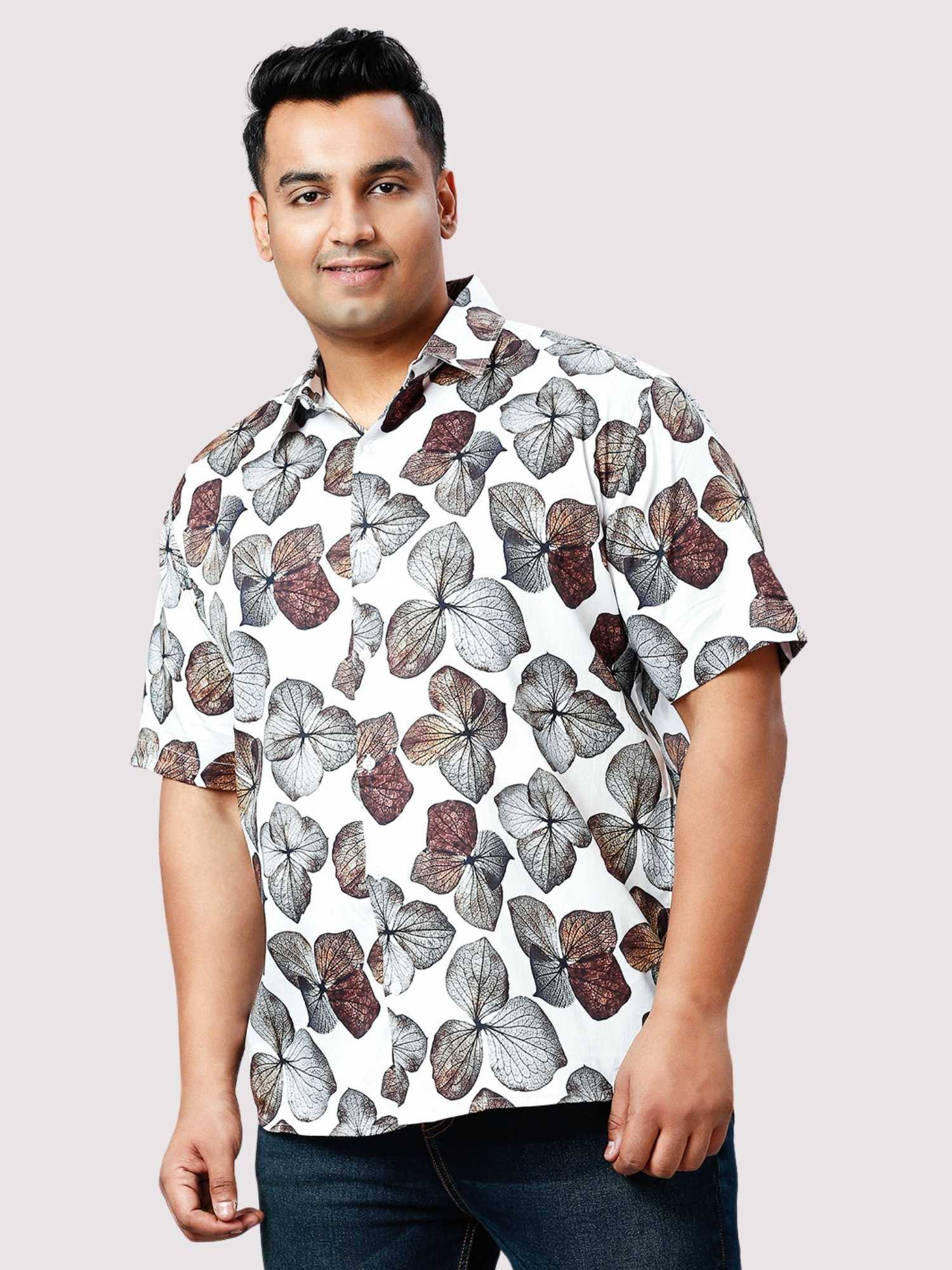 Rosy Leaf Digital Printed Half Sleeve Shirt Men's Plus Size 