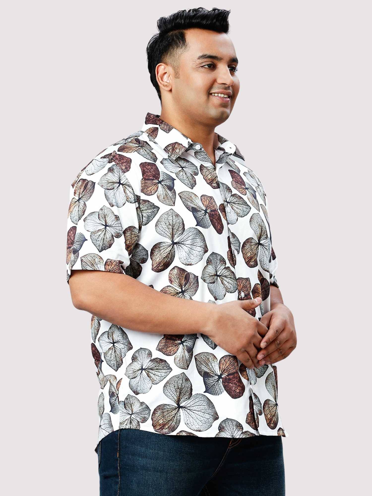 Rosy Leaf Digital Printed Half Sleeve Shirt Men's Plus Size 