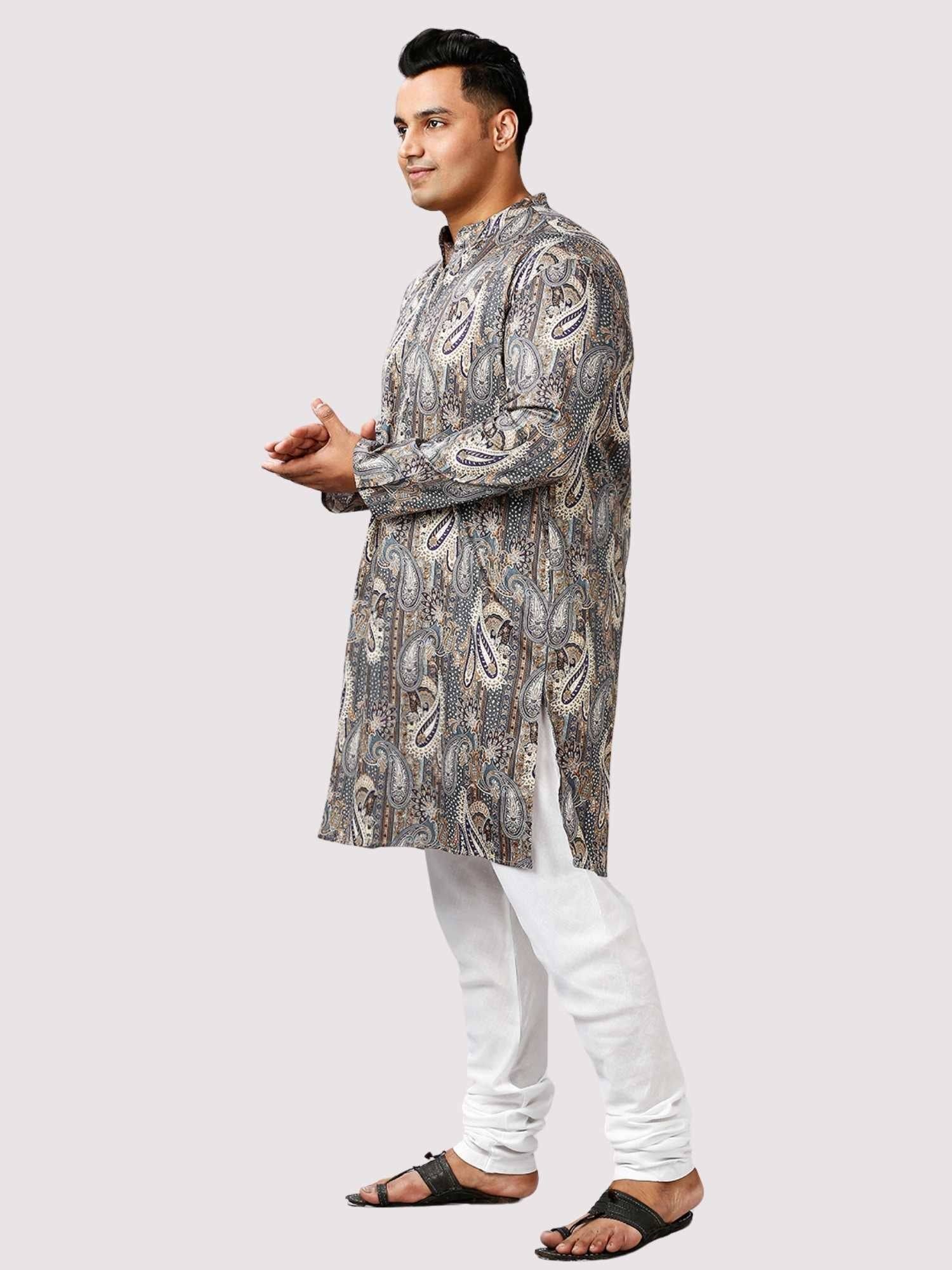 Jalsa Printed Grey White Kurta Men's Plus Size