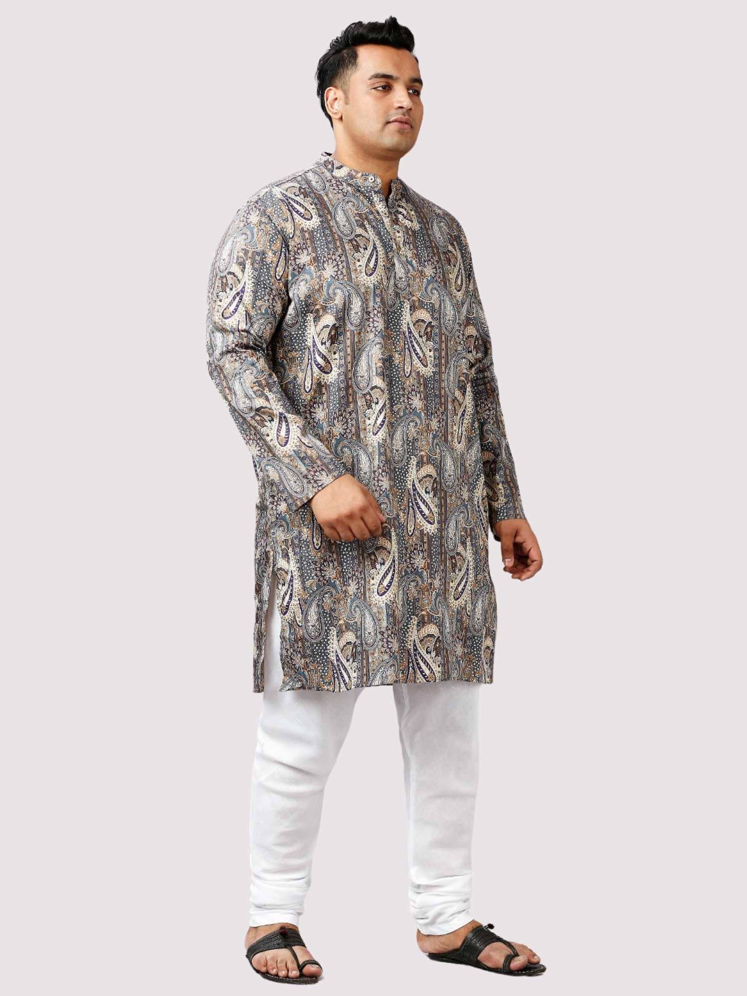 Jalsa Printed Grey White Kurta Men's Plus Size