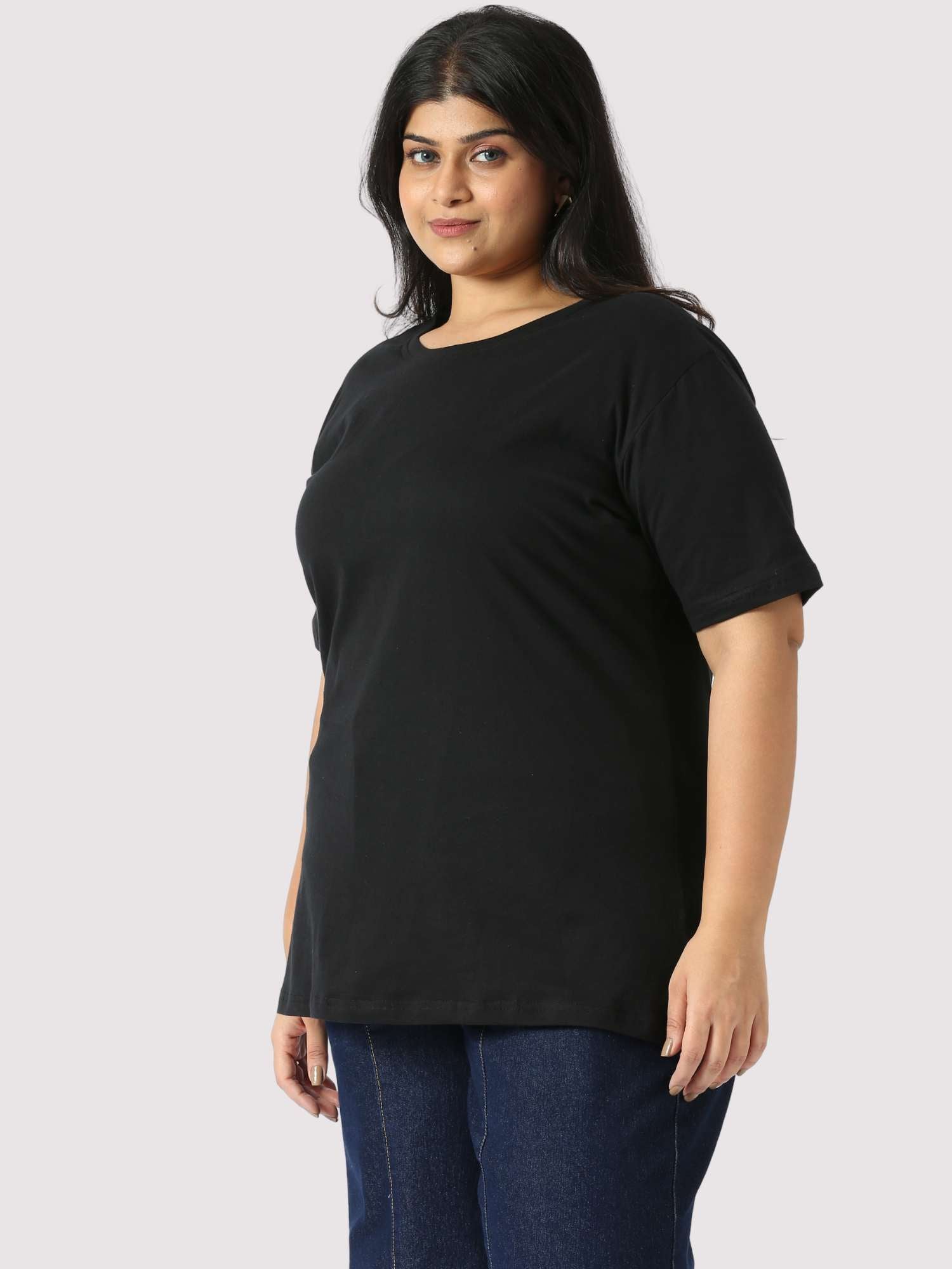 Rich Black Round Neck T Shirt Women's Plus Size