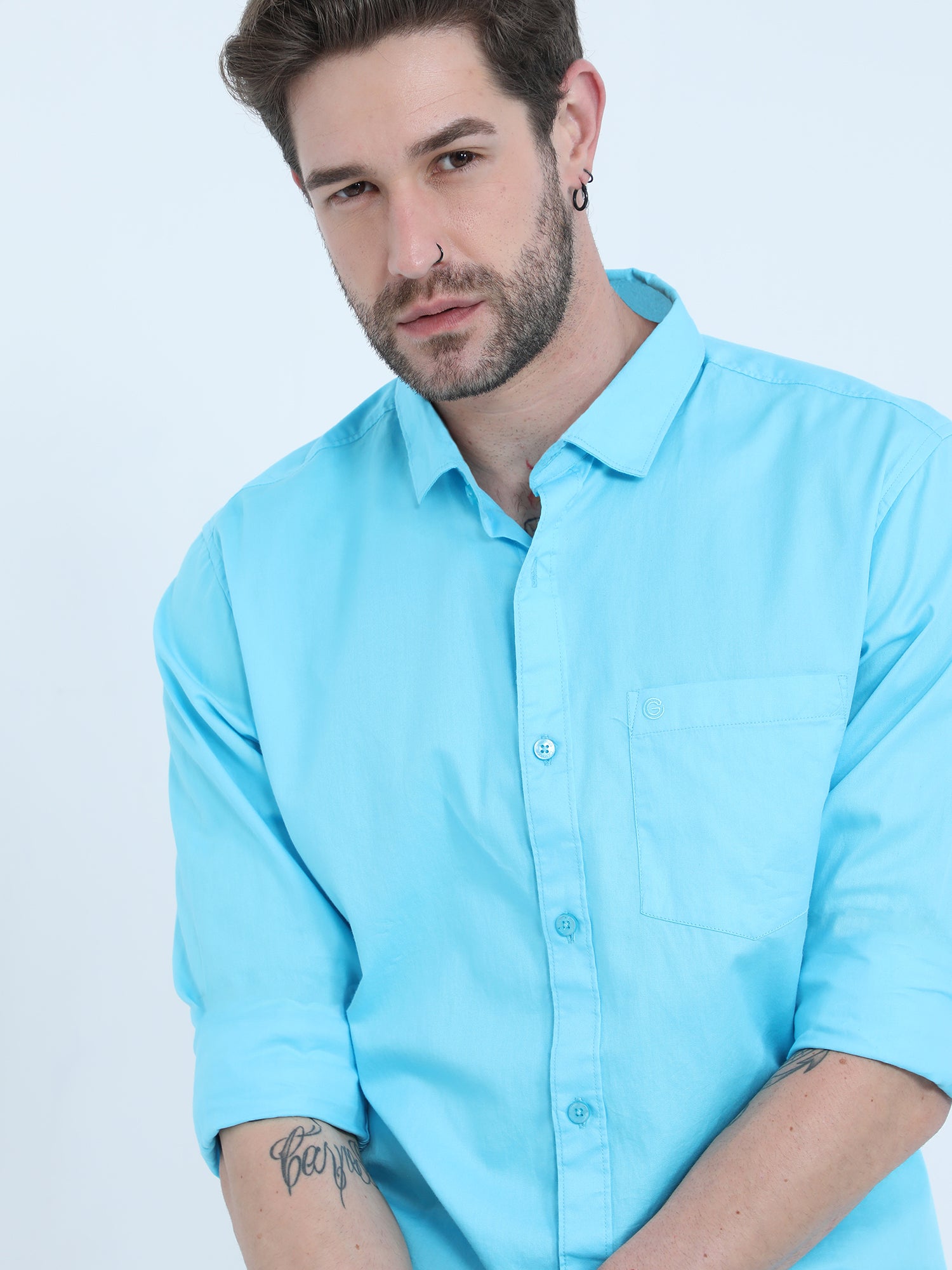 Sky Blue Solid Cotton Full Sleeve Shirt