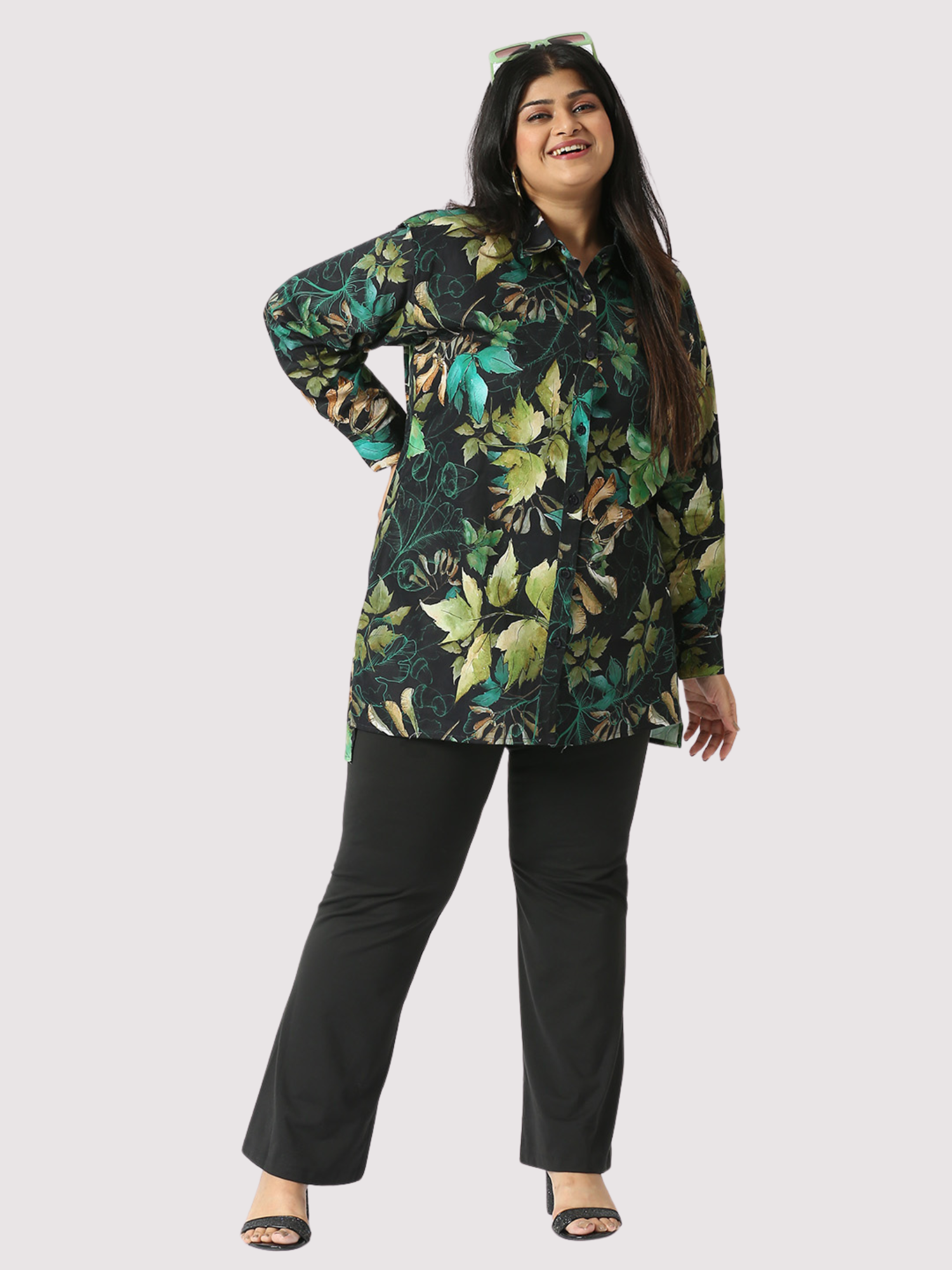 Wild Green Digital Printed Women's Plus Size Long Shirt