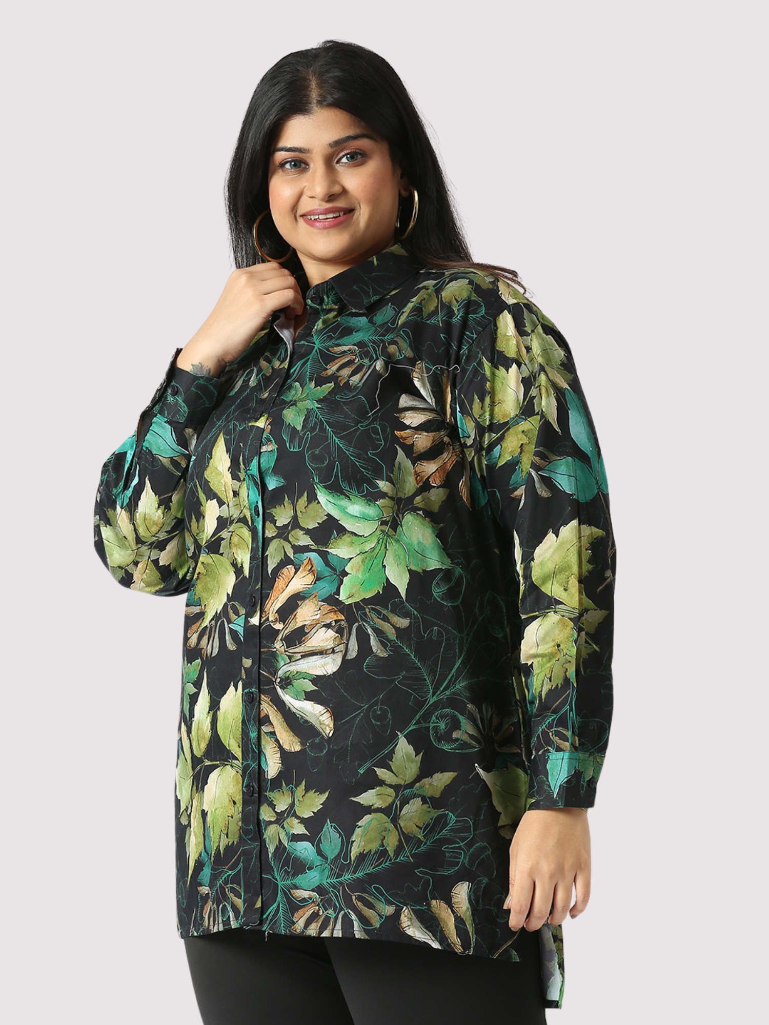 Wild Green Digital Printed Women's Plus Size Long Shirt