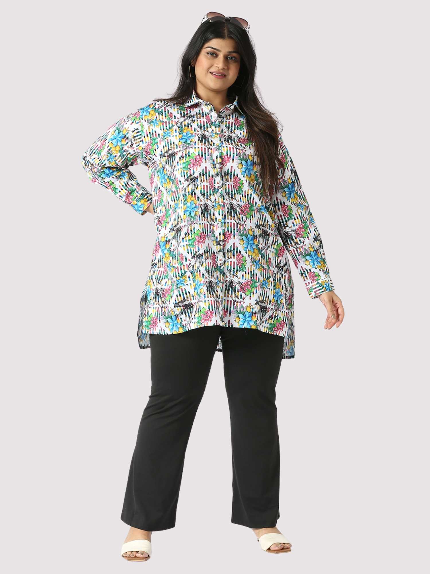 Flowers Stripe Digital Printed Women's Plus Size Long Shirt