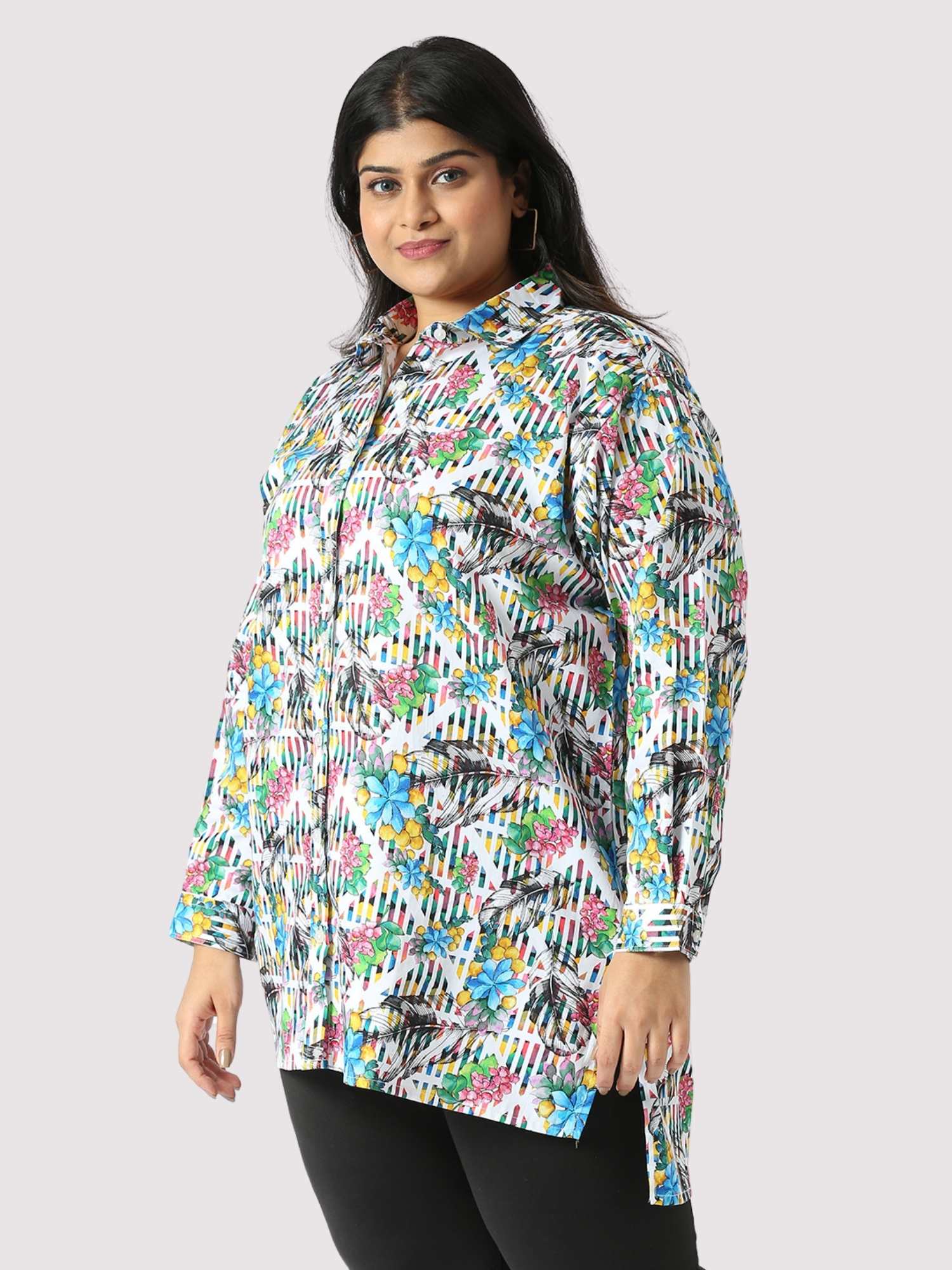 Flowers Stripe Digital Printed Women's Plus Size Long Shirt