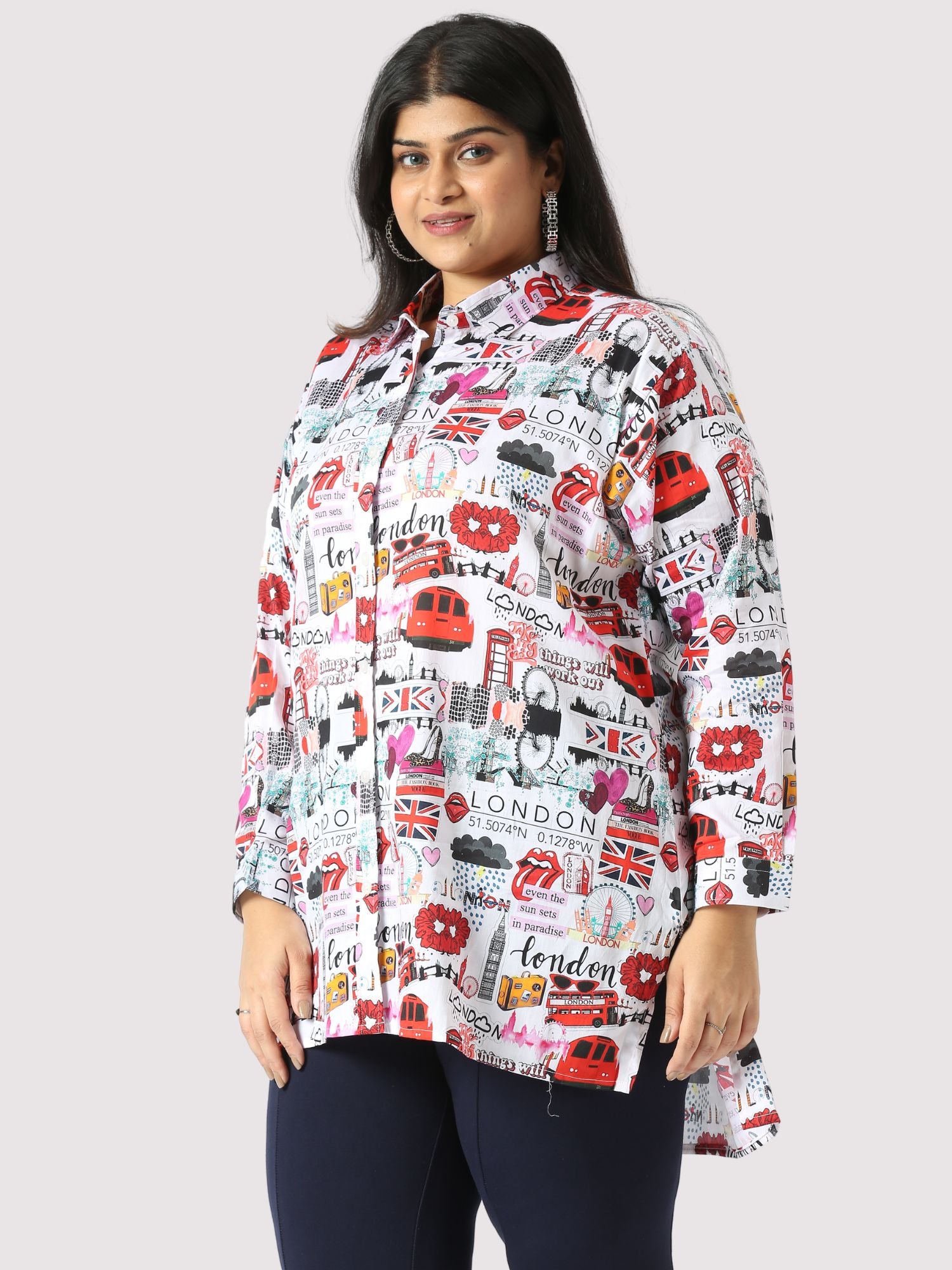 London Love Digital Printed Women's Plus Size Long Shirt