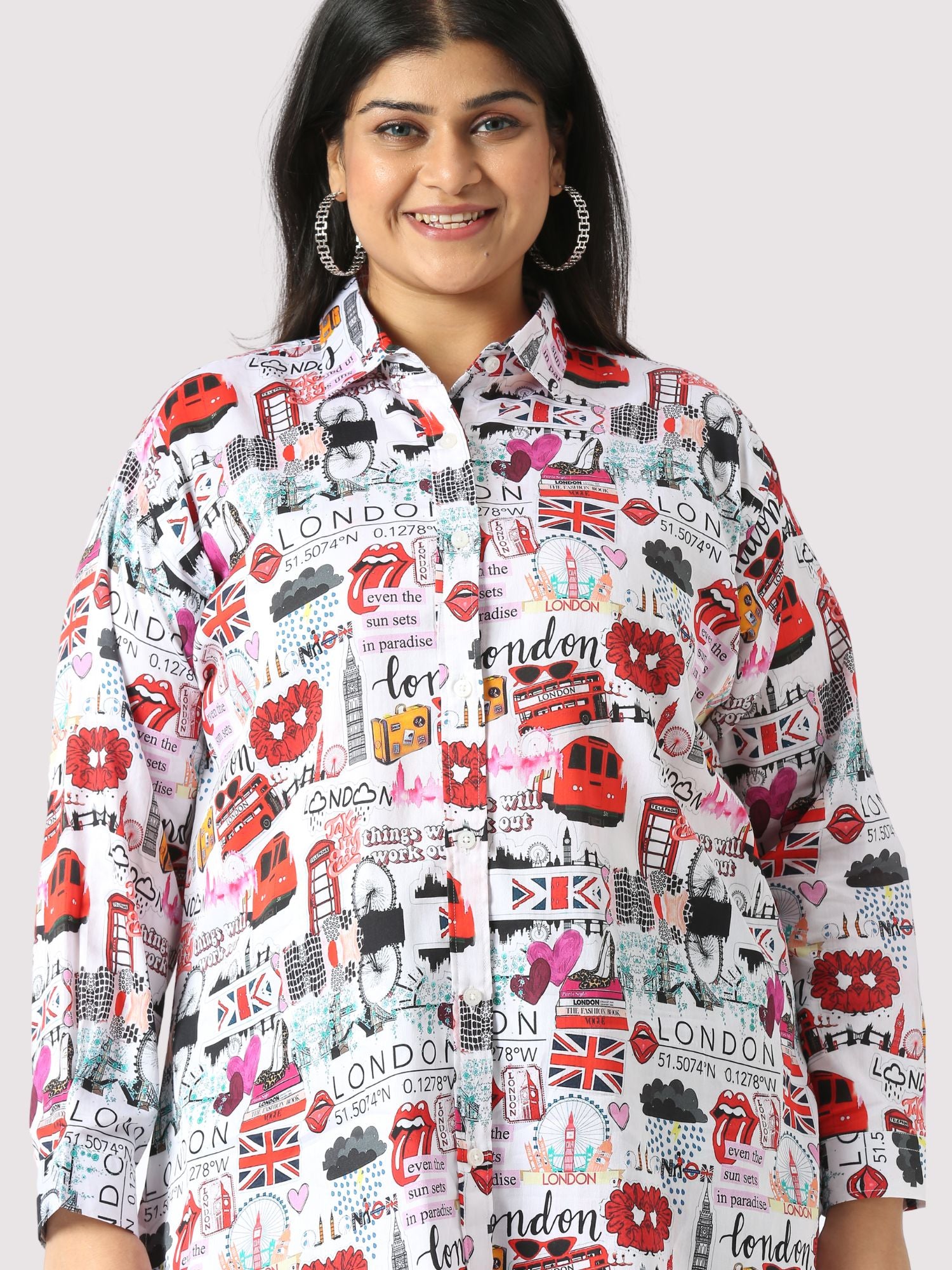 London Love Digital Printed Women's Plus Size Long Shirt