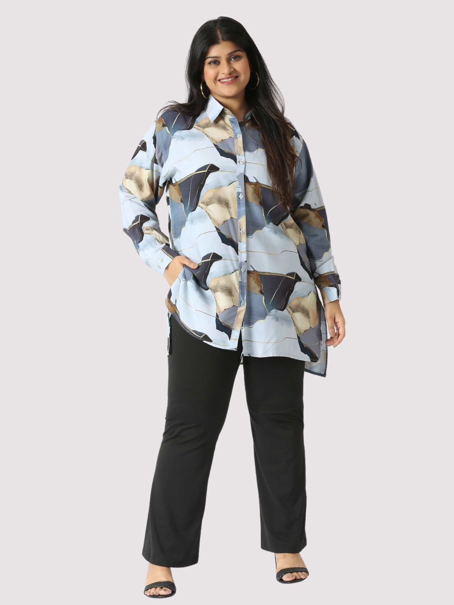 Metallic Sand Digital Printed Women's Plus Size Long Shirt