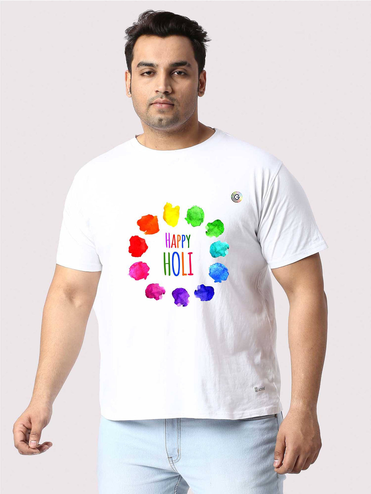 Men Plus Size White Holi Colors Printed Round Neck T-Shirt - Guniaa Fashions