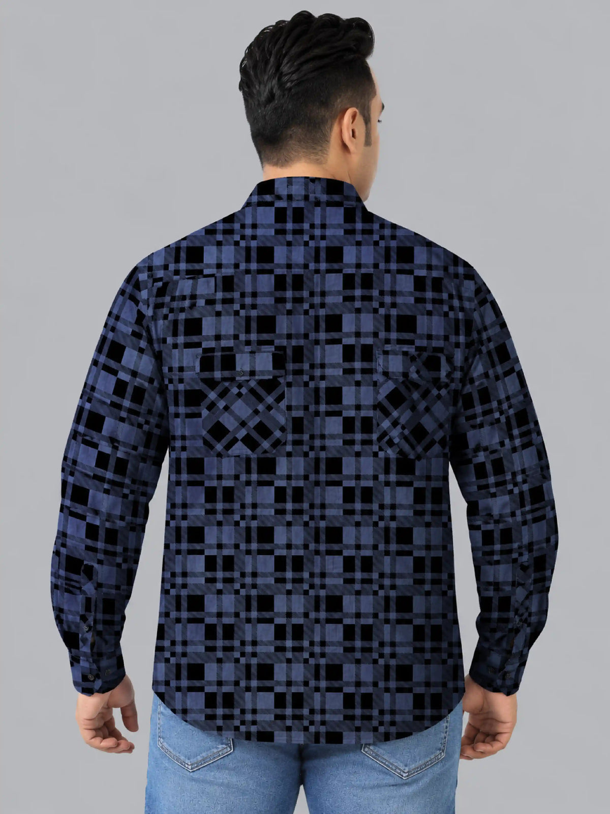 Black checks Denim Printed Men's Plus Size Double Pocket Full Sleeve Shirt