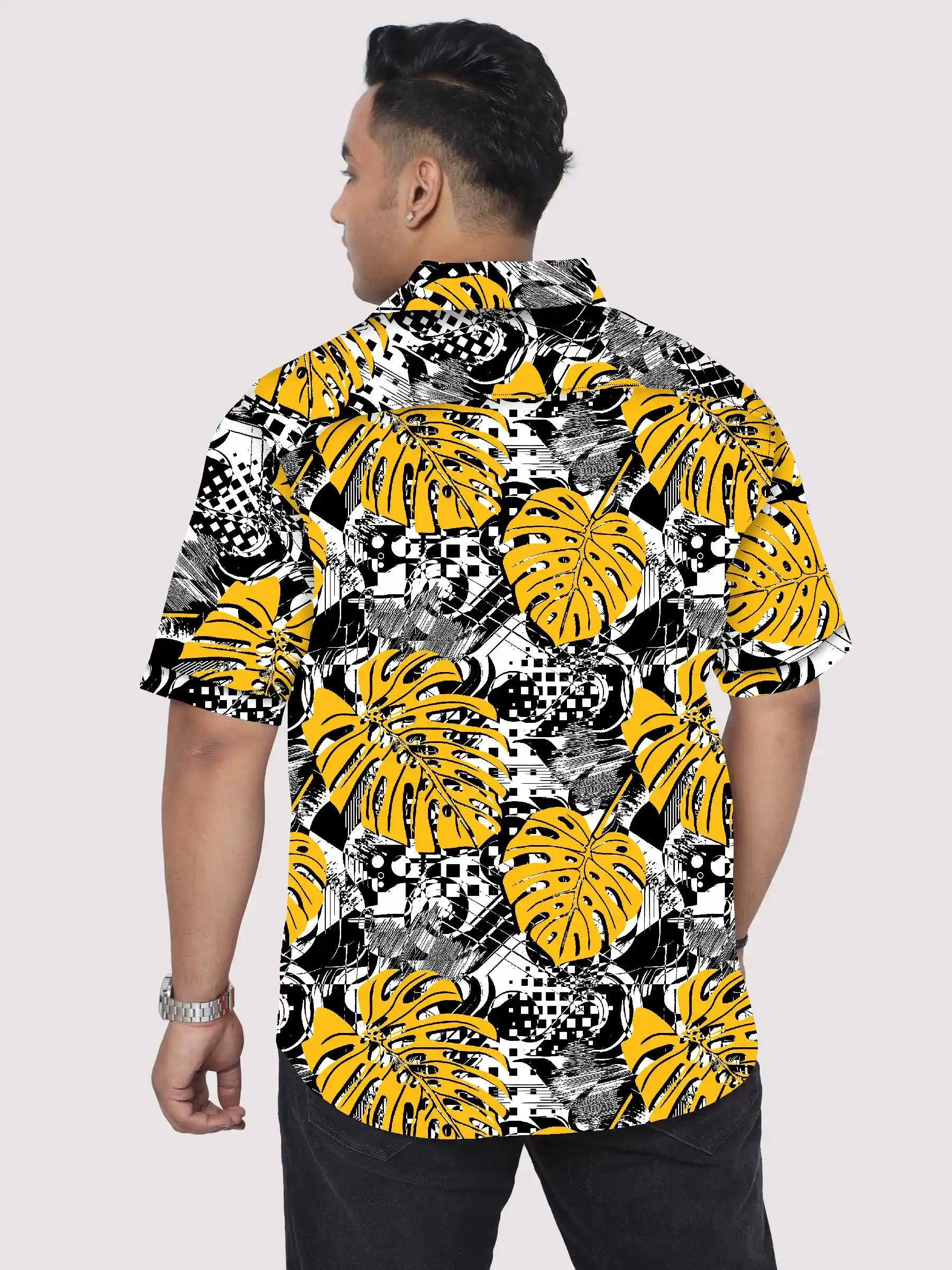 Black White Tropical Leaves Digital Printed Men's Plus Size Half Sleeve Shirt