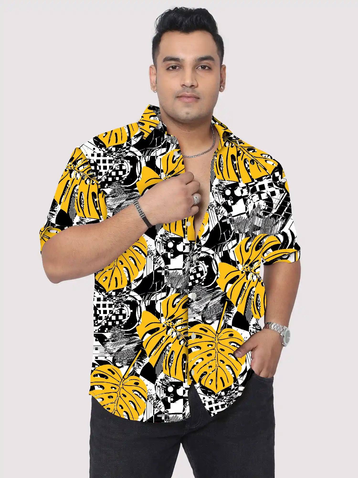 Black White Tropical Leaves Digital Printed Men's Plus Size Half Sleeve Shirt