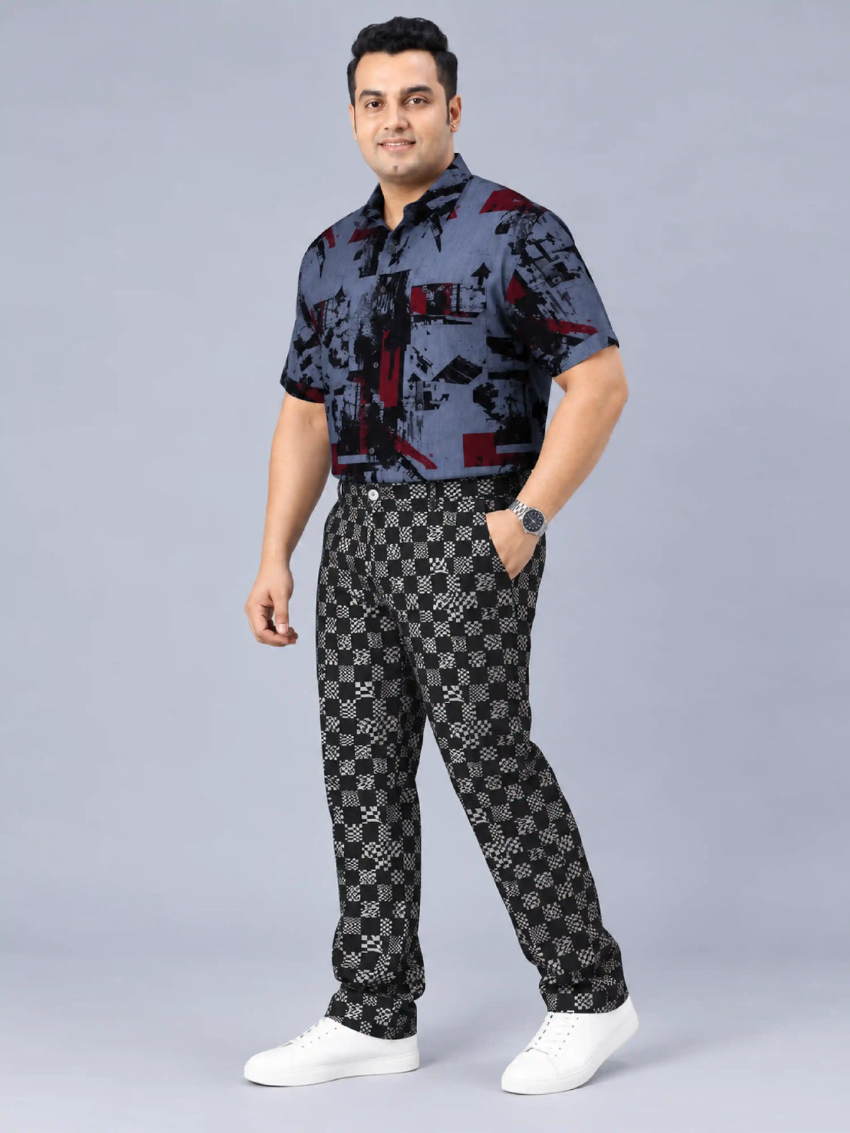 Check Matrix Digital Printed Twill Lycra Men's Plus Size Full Pant