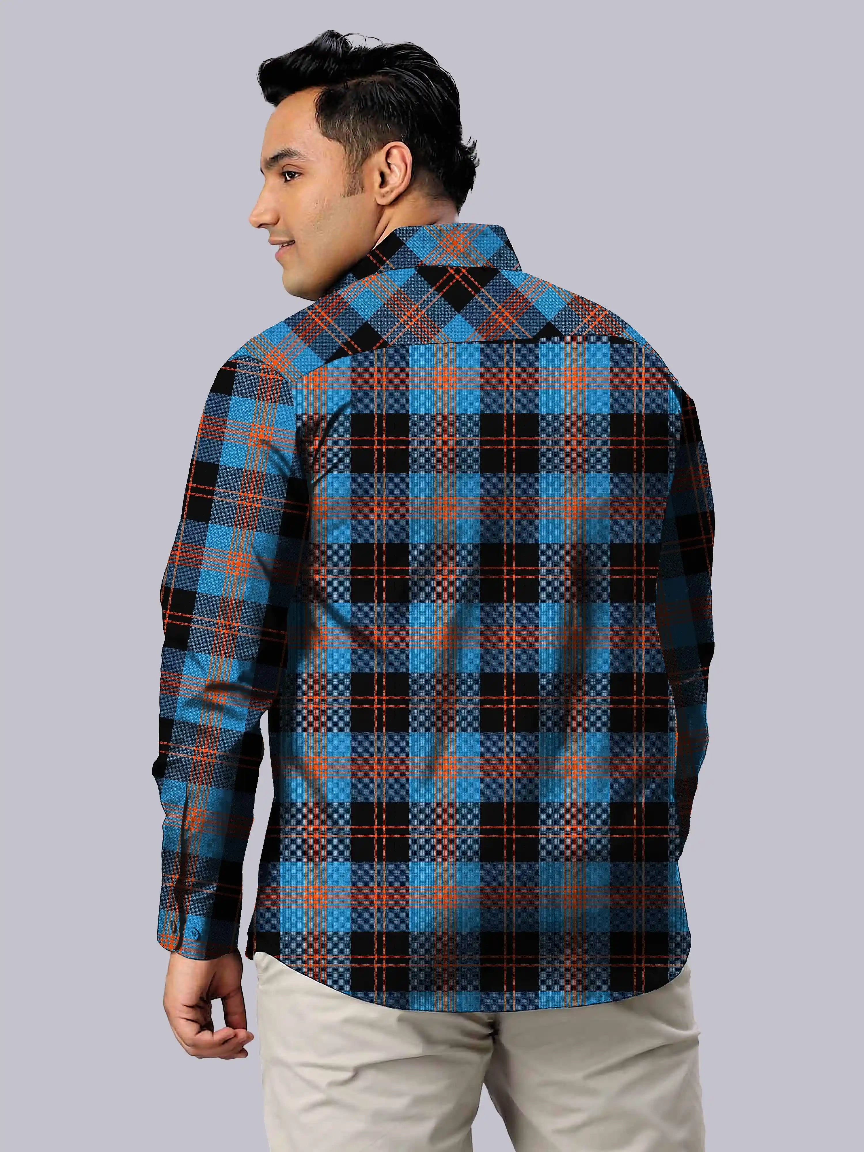 Blue Orange Checks Men's Plus Size Full Sleeve Shirt