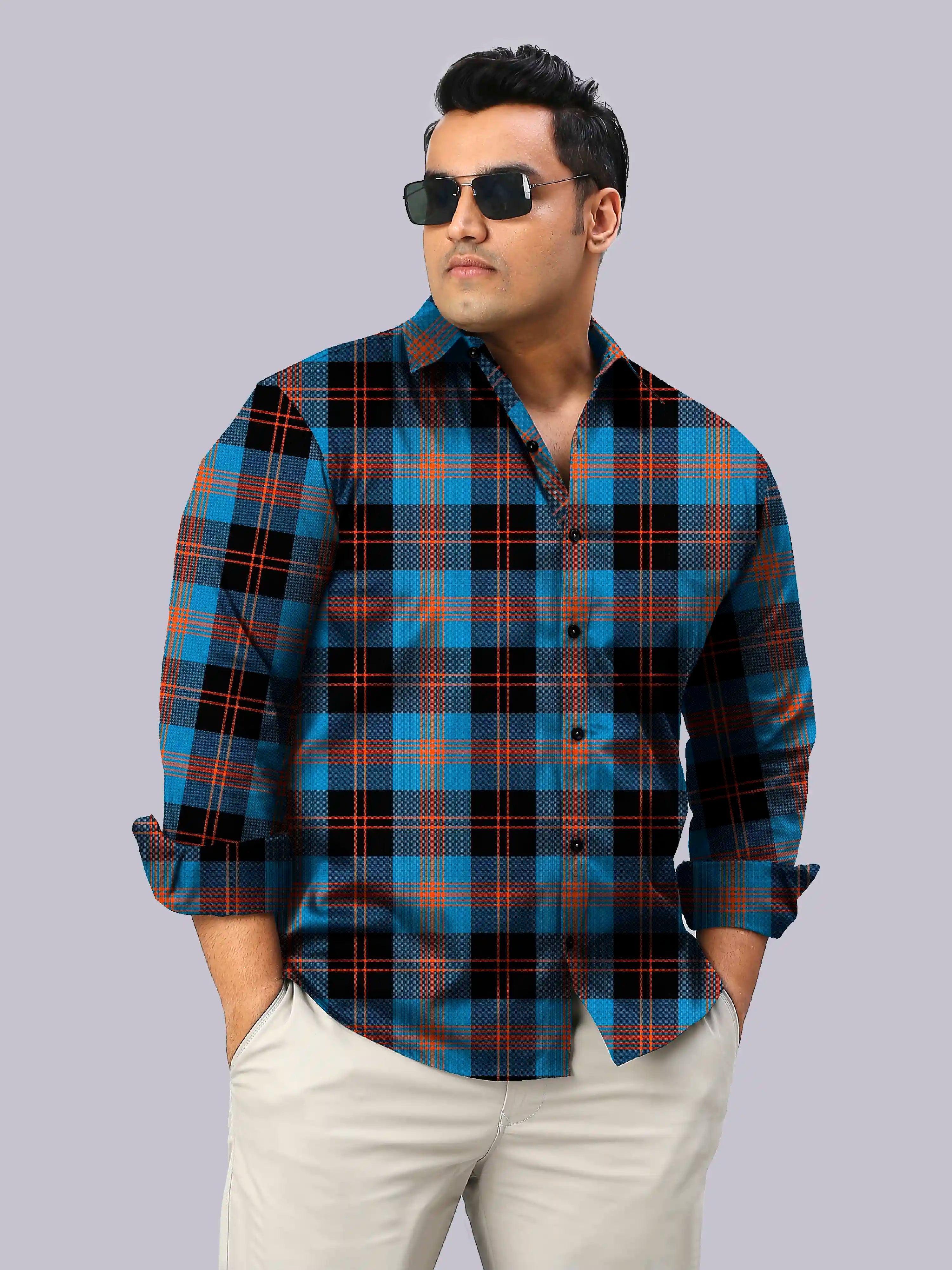 Blue Orange Checks Men's Plus Size Full Sleeve Shirt
