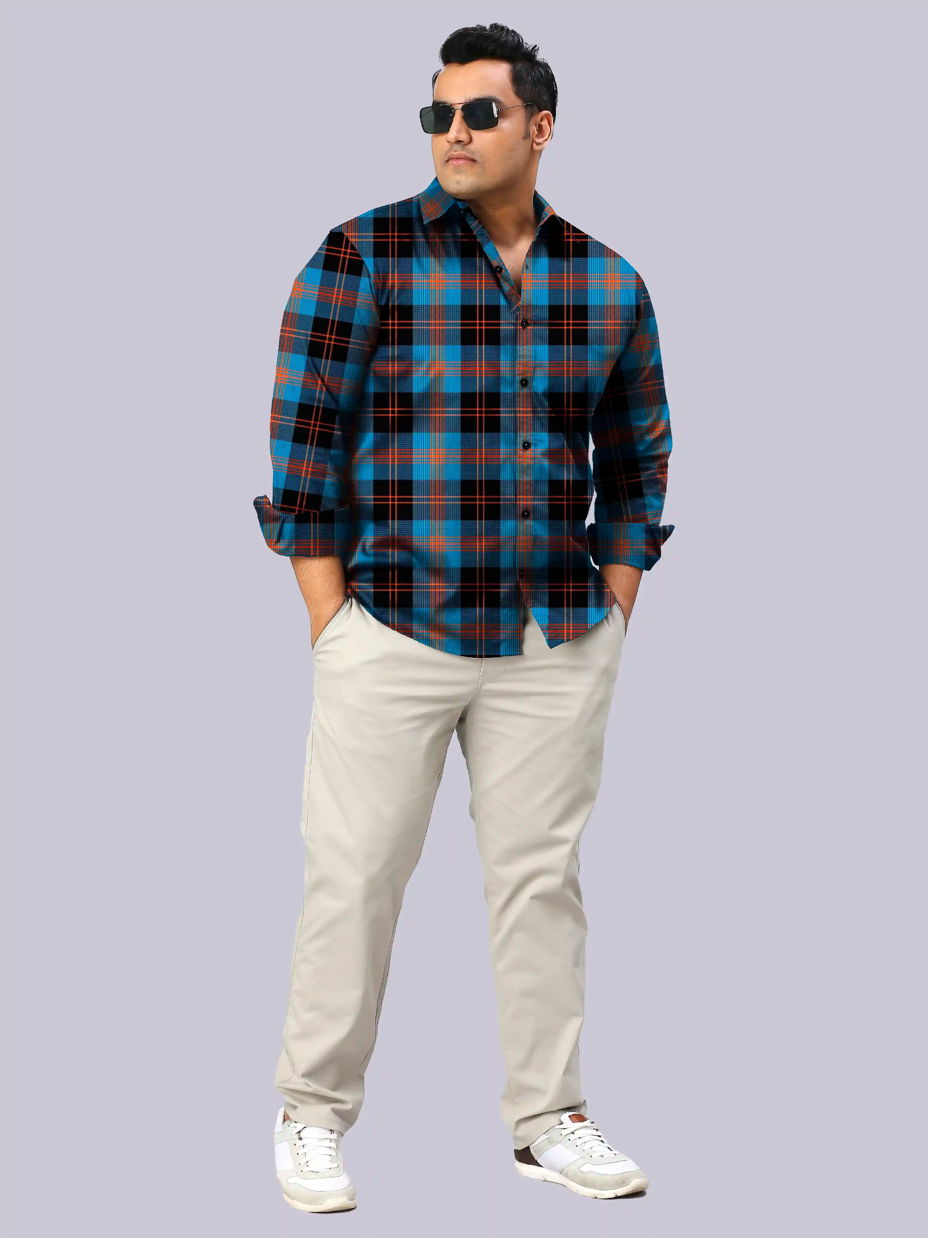 Blue Orange Checks Men's Plus Size Full Sleeve Shirt