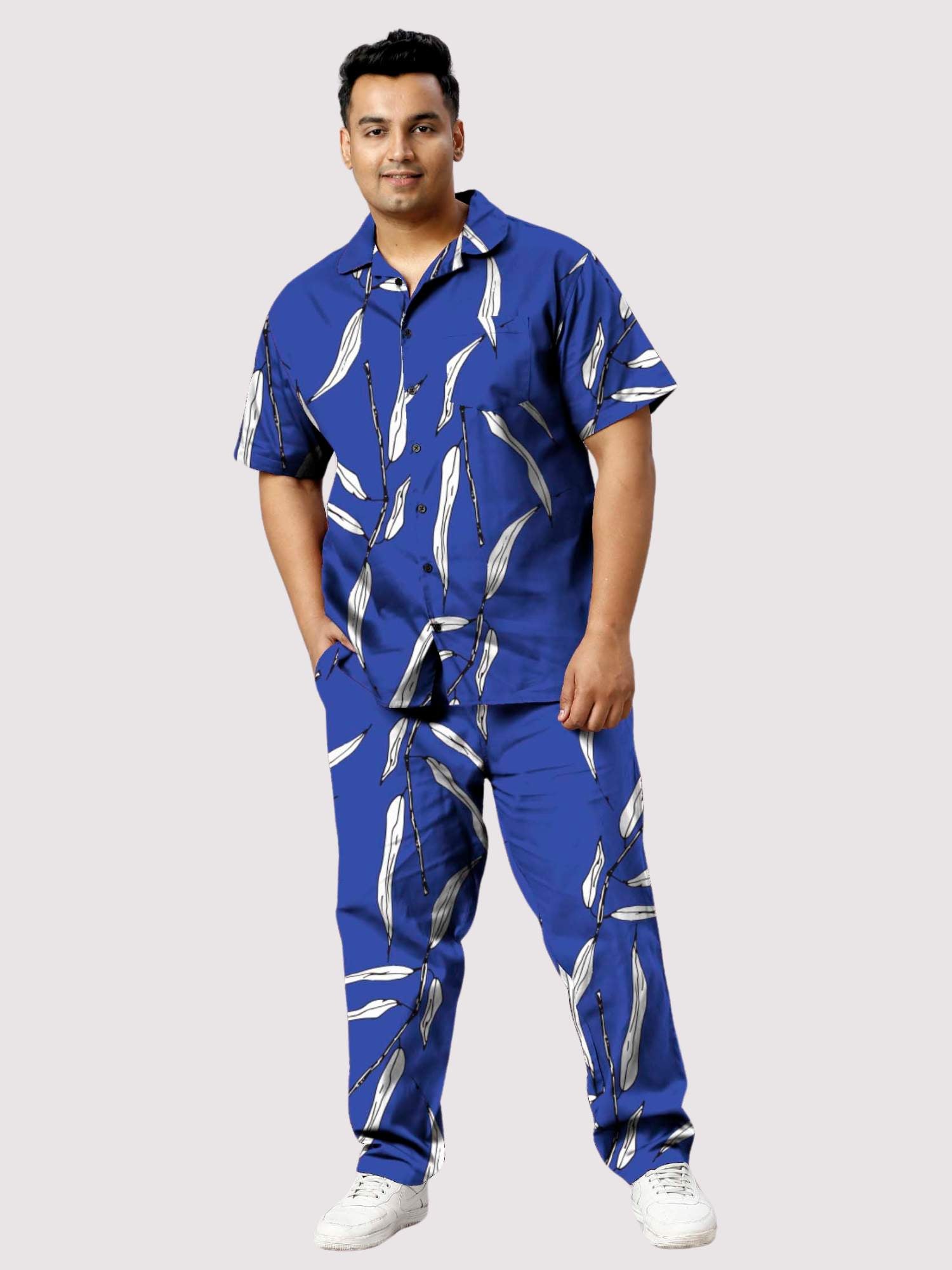 Blue Ground Abstract Leaf Plus Size Men's Full Co-ord Set 