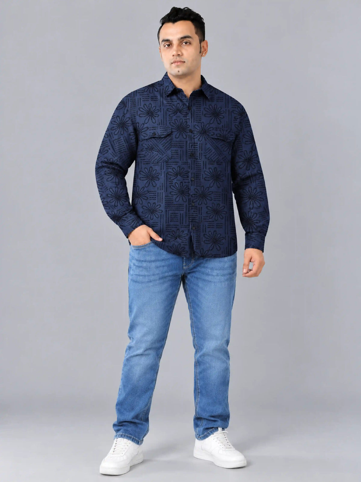 Bloom Line Denim Printed Men's Plus Size SinglePocket Full Sleeve Shirt