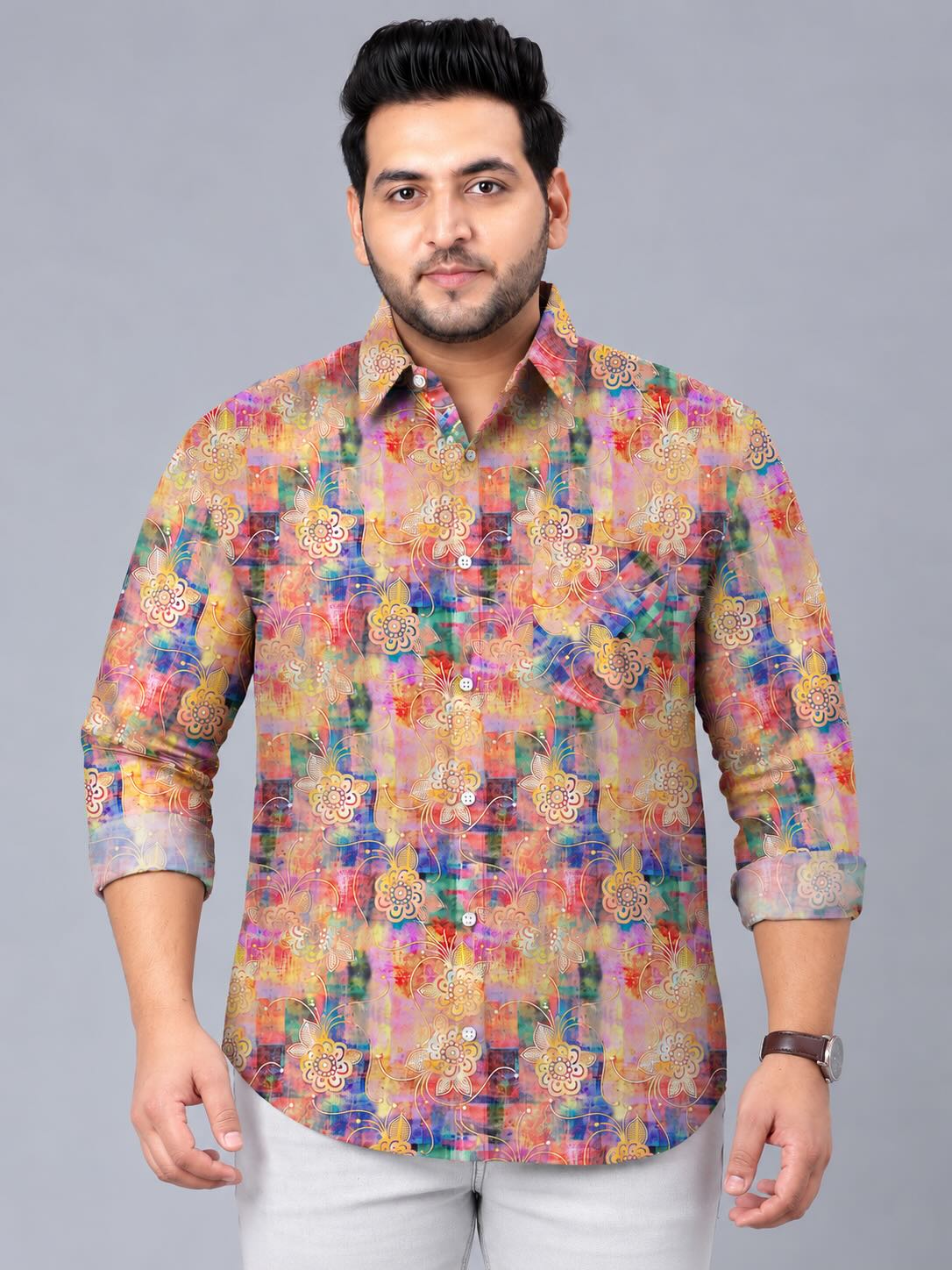 Blends Organic Floral Digital Printed Men's Plus Size Full Sleeve Shirt