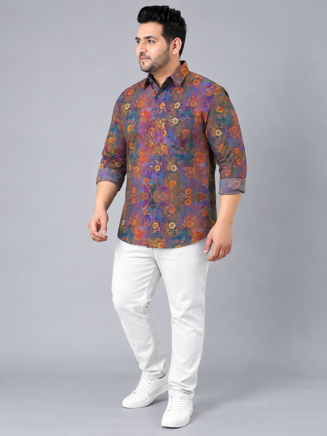 Intricate Floral Design Digital Printed Men's Plus Size Full Sleeve Shirt