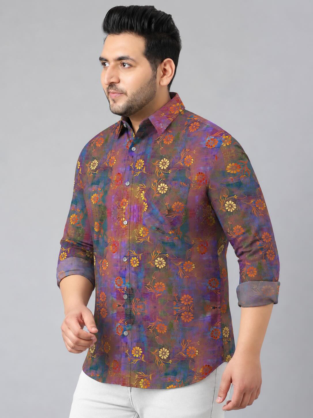 Intricate Floral Design Digital Printed Men's Plus Size Full Sleeve Shirt