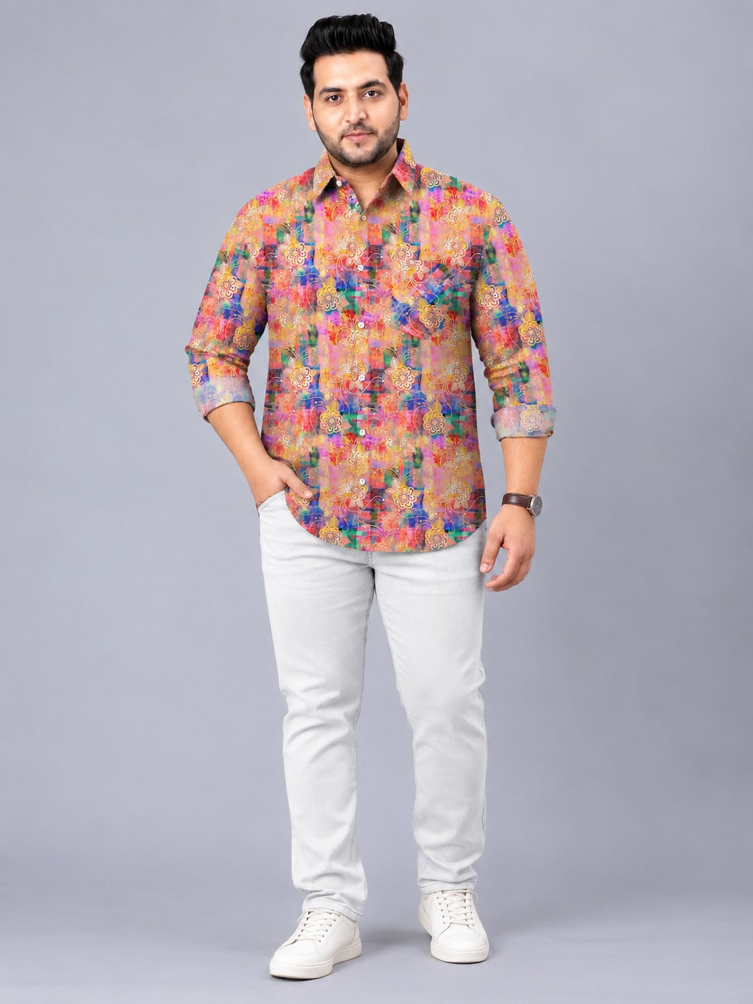 Blends Organic Floral Digital Printed Men's Plus Size Full Sleeve Shirt