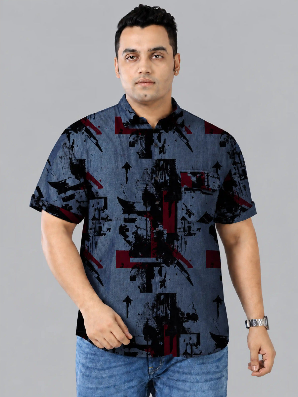 Urban Chaos Denim Printed Men's Plus Size Half Sleeve Shirt