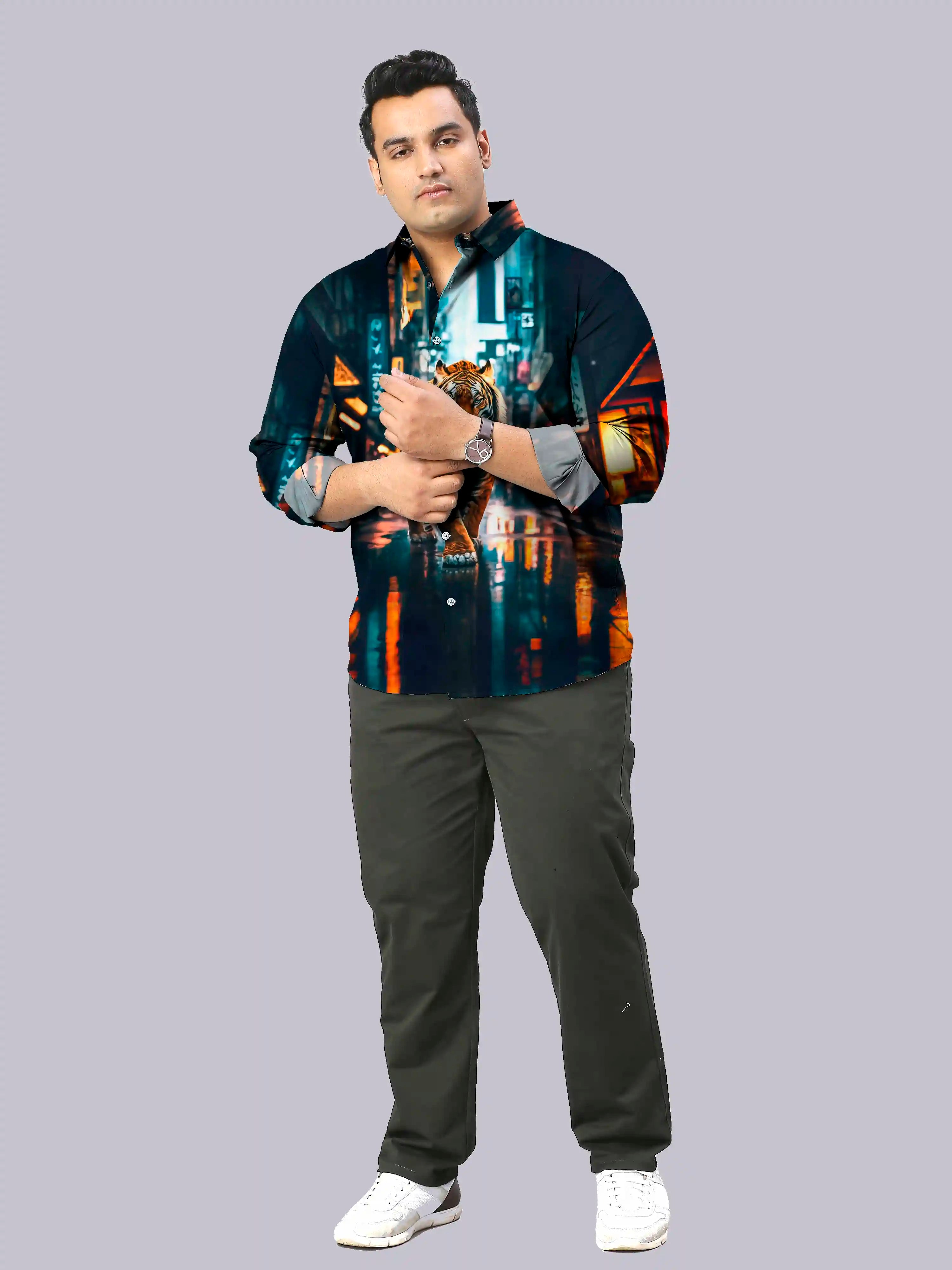 Tiger in City Digital Printed Party Wear Men's Plus Size Full Shirt