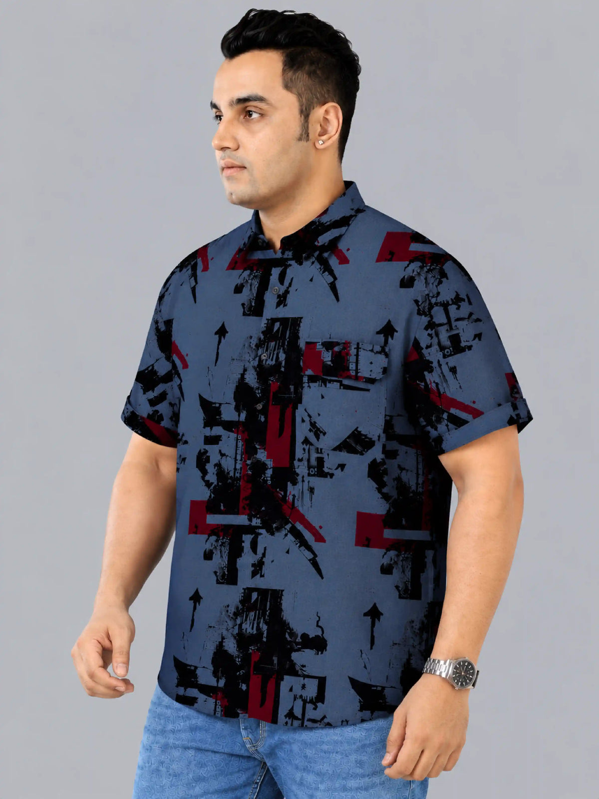 Urban Chaos Denim Printed Men's Plus Size Half Sleeve Shirt