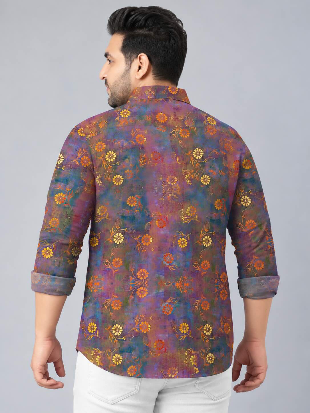 Intricate Floral Design Digital Printed Men's Plus Size Full Sleeve Shirt