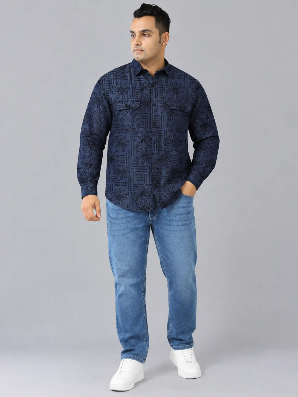 Bloom Line Denim Printed Men's Plus Size Double Pocket Full Sleeve Shirt