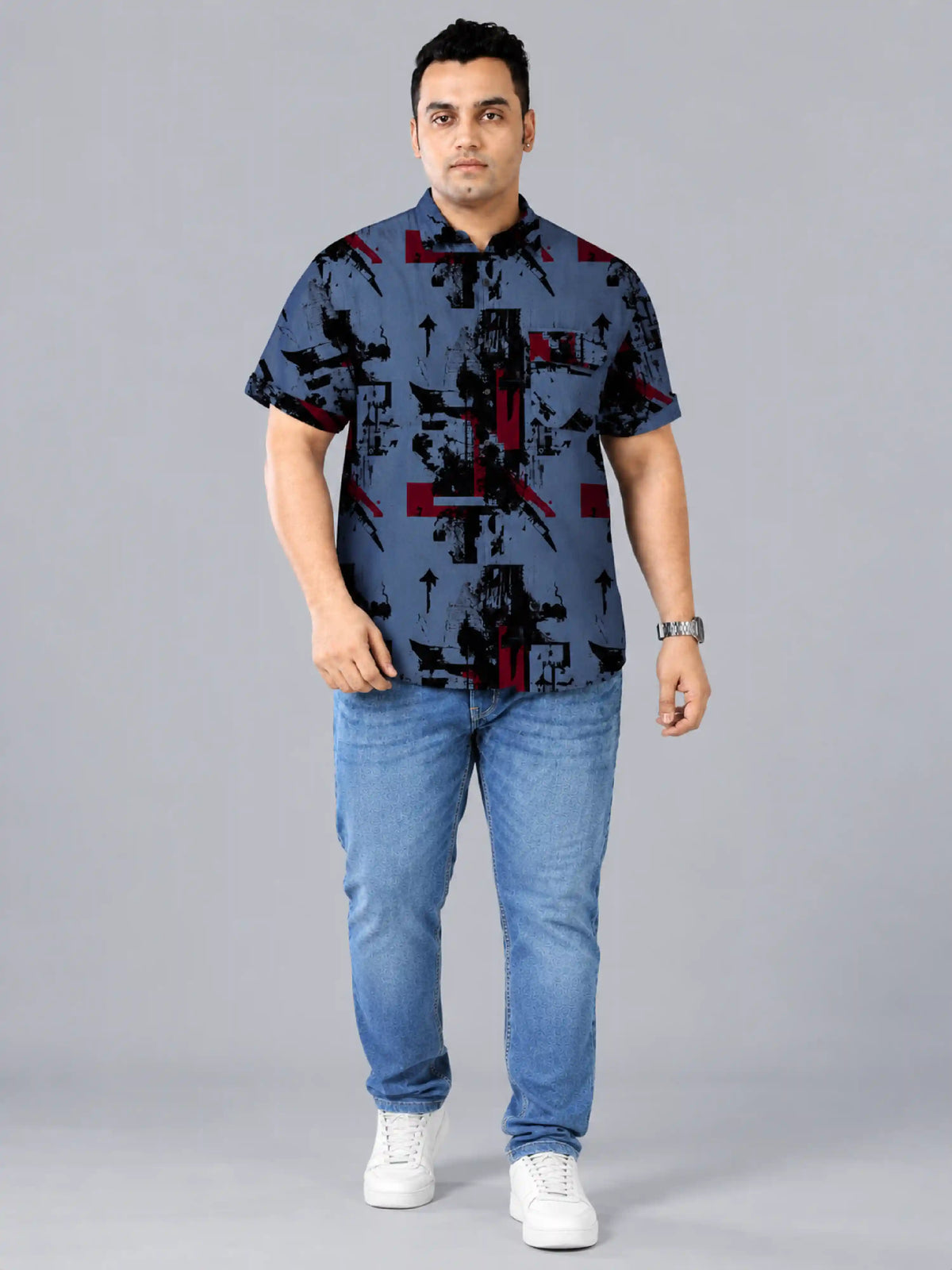 Urban Chaos Denim Printed Men's Plus Size Half Sleeve Shirt