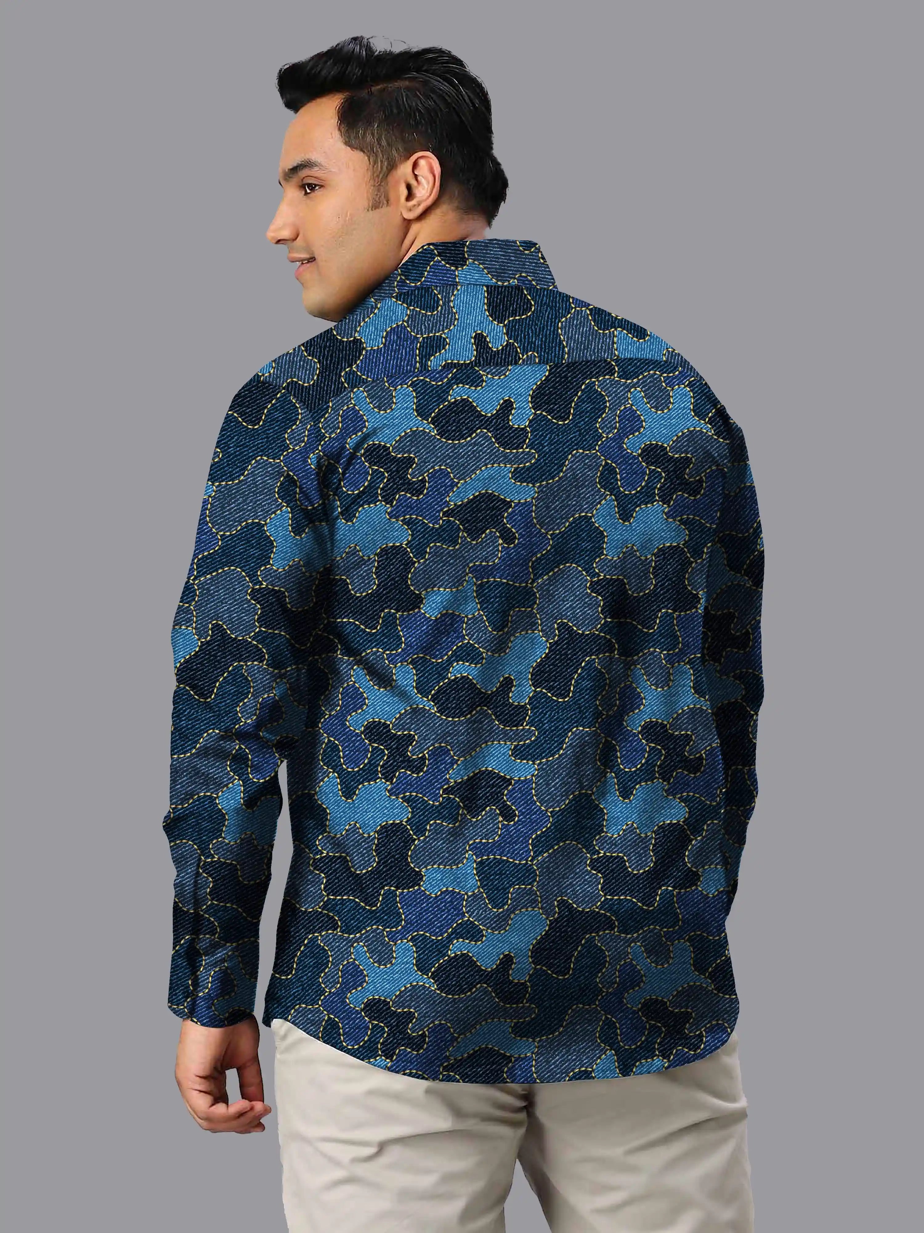 Camouflage Denim Digital Printed Men Plus Size Full Shirt
